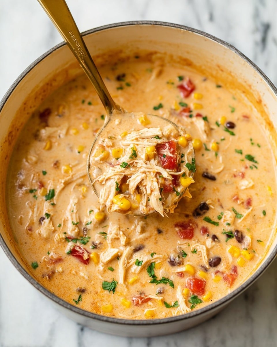 A pot filled with a thick creamy soup showing several layers: a smooth light orange base with shredded white chicken mixed throughout, along with bright yellow corn kernels, red diced tomatoes, and small black beans adding contrast; fresh green herbs sprinkled on top bring a touch of color. A ladle with a golden handle lifts a portion of the soup, clearly showing all the mixed ingredients and creamy texture. The pot sits on a white marbled surface. photo taken with an iphone --ar 4:5 --v 7