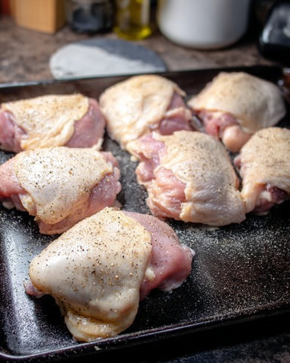 The image shows six pieces of raw chicken thighs placed on a dark baking tray. Each piece has a layer of pale pink skin on top with some white fat visible around the edges, and the skin is sprinkled with black pepper and salt. The chicken has a wet, slightly shiny texture and sits unevenly on the tray, which has a rough surface. The background includes some white marbled texture and kitchen items blurred out. photo taken with an iphone --ar 4:5 --v 7
