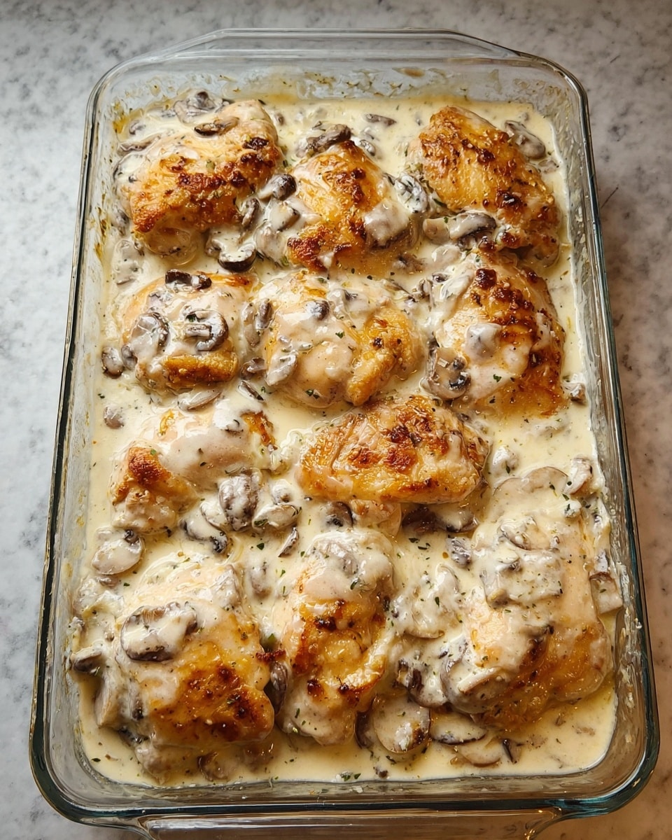 A glass rectangular baking dish filled with eight pieces of golden-brown cooked chicken, all covered in a thick creamy white sauce with small chunks of mushrooms spread evenly throughout. The creamy sauce has a smooth, rich texture that partially hides the chicken pieces beneath. The dish is placed on a white marbled surface. photo taken with an iphone --ar 4:5 --v 7
