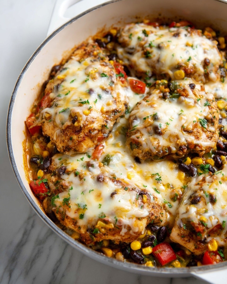 The image shows a white pan filled with four pieces of cooked chicken, each topped with layers of melted cheese in white and yellow shades. Under the cheese, the chicken has a browned texture with visible spices and herbs. Scattered across the chicken and cheese are small black beans, bright yellow corn kernels, and chunks of red tomatoes, giving a colorful look. Green herbs and small bits of vegetables are also mixed in, adding fresh hints of color. The pan is placed on a white marbled surface. photo taken with an iphone --ar 4:5 --v 7