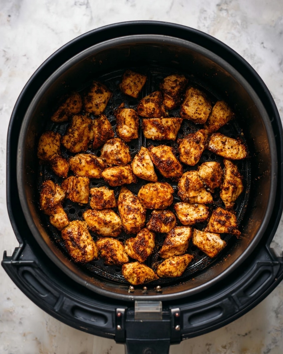 The image shows a round black air fryer basket filled with small pieces of cooked chicken. The chicken pieces are golden brown with a crispy texture and have dark spices sprinkled on them, giving a well-seasoned look. The pieces are spread evenly across the basket floor, some overlapping slightly but mostly separate. The air fryer basket is open, showing the inner mesh where the chicken rests. The background is a white marbled surface. photo taken with an iphone --ar 4:5 --v 7