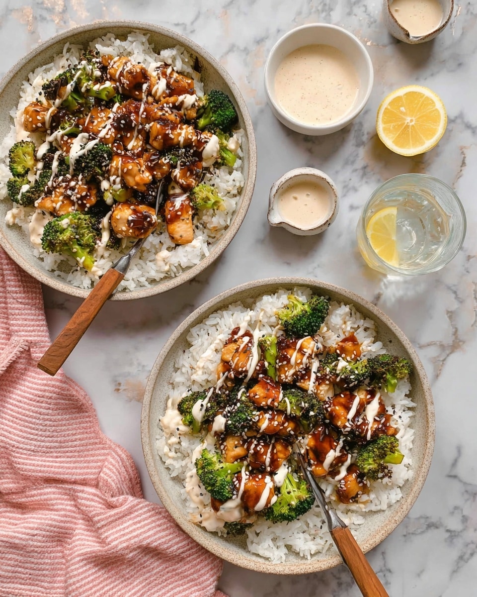 Two bowls on a white marbled surface, each filled with a base layer of white rice. On top of the rice are small golden brown glazed chicken pieces mixed with bright green broccoli florets. The chicken and broccoli are covered with a dark, sticky sauce and drizzled with a light creamy sauce that adds contrast. White sesame seeds are sprinkled on top. Each bowl has a wooden-handled fork resting inside with the fork prongs touching the food. Nearby, there are small white bowls with pale-colored sauces and a glass of water with lemon slices. A pink striped cloth is casually placed next to the bowls. Photo taken with an iphone --ar 4:5 --v 7