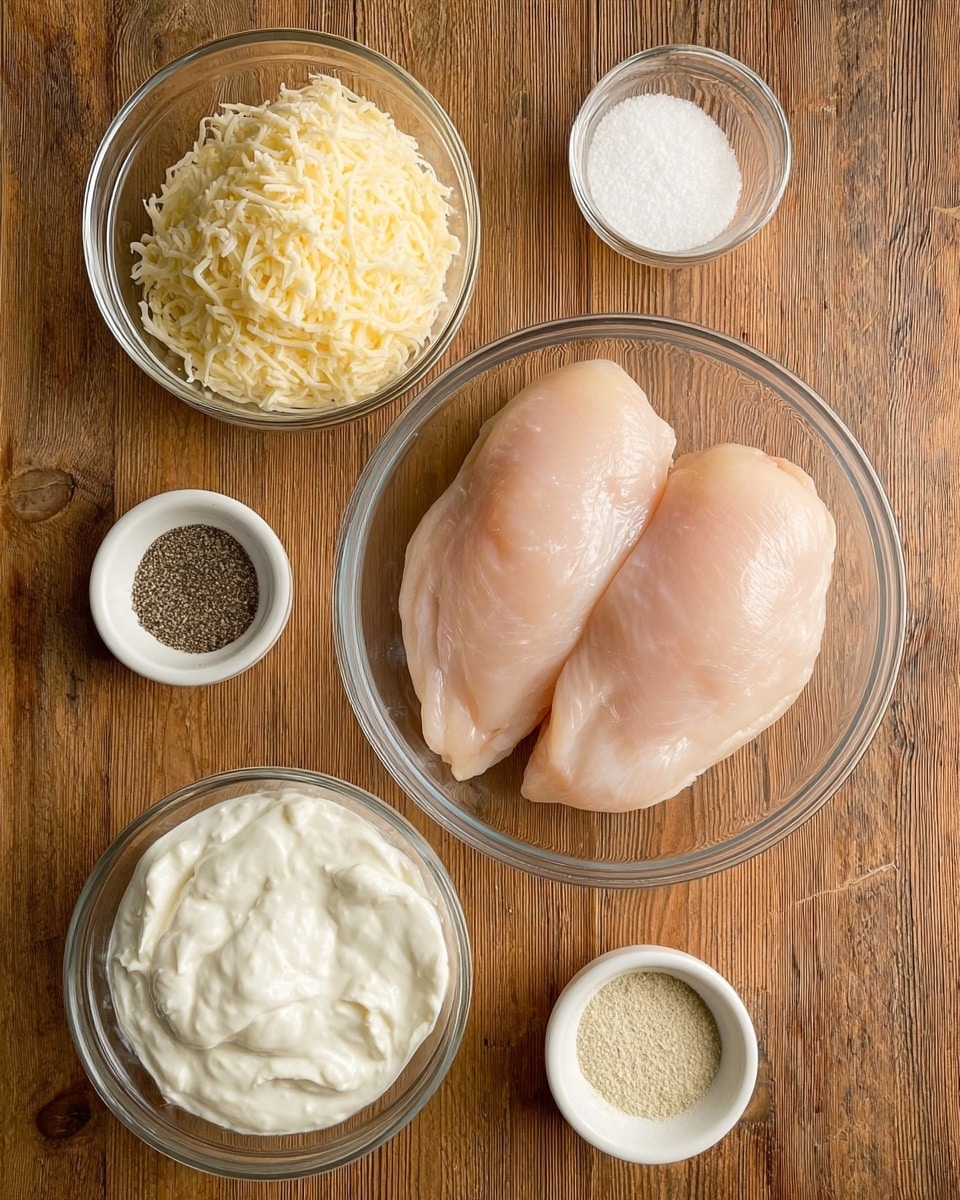 The image shows six clear and white bowls arranged on a wooden surface. The center bowl is the largest and holds two raw chicken breasts with a smooth, pale pink texture. Above it to the left is a clear bowl filled with pale yellow shredded cheese. Above the chicken to the right, a small white bowl contains fine white salt. Below the chicken to the left, there is a clear bowl filled with thick white yogurt or sour cream with a creamy texture. To the left of the yogurt, a small white bowl contains coarse black pepper. Lower right from the chicken, a small white bowl holds finely ground beige powder, likely garlic powder. The clear bowls show contrast against the wooden surface and the arrangement is neat and evenly spaced. Photo taken with an iphone --ar 4:5 --v 7