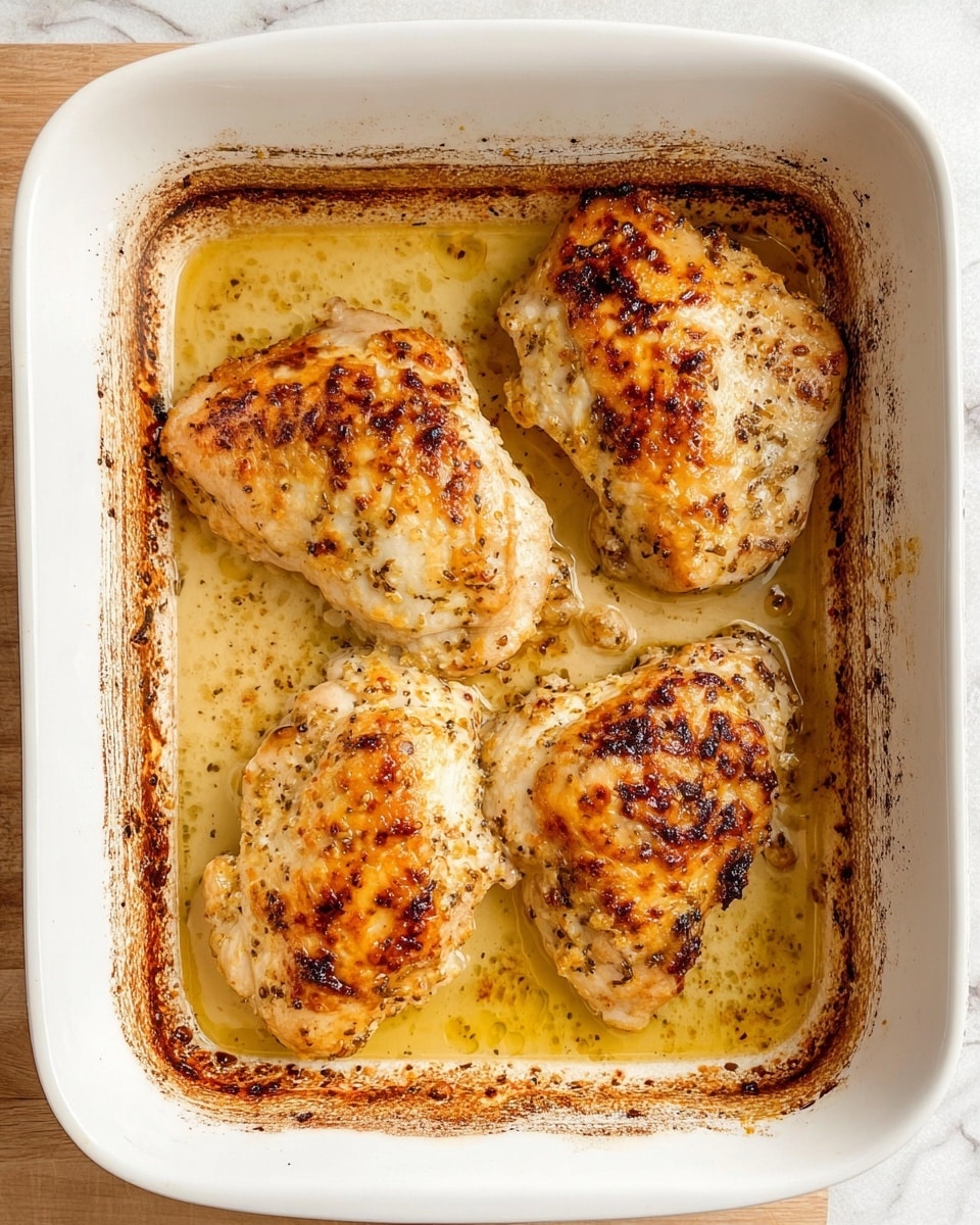 A white baking dish holds four baked chicken pieces with a golden-brown, slightly charred top layer showing a textured, creamy white color with specks of darker brown where it is more cooked. The chicken is sitting in a pool of light yellowish, oily cooking liquid, and the edges of the dish have browned, baked-on marks creating a rustic look. The dish is placed on a white marbled surface, giving it a clean background. photo taken with an iphone --ar 4:5 --v 7