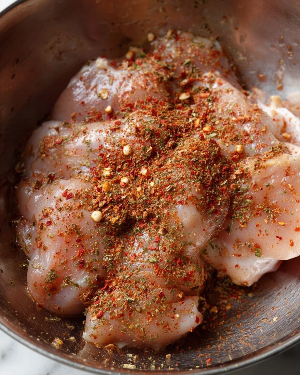 A close-up image of raw chicken pieces placed inside a silver metal bowl, generously coated with a dry mix of red chili flakes and green dried herbs spread unevenly on the pale pink surface of the meat, showing some texture from the spices with tiny grains and flakes scattered inside the bowl as well, all set against a white marbled background photo taken with an iphone --ar 4:5 --v 7