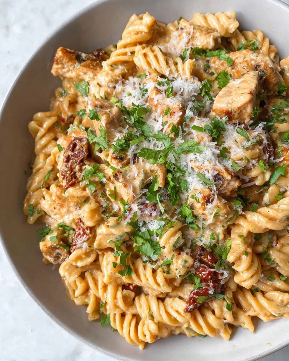 This image shows a white bowl filled with fusilli pasta coated in a creamy, light orange sauce. Mixed throughout the pasta are several pieces of browned chicken strips and chunks of sun-dried tomatoes, adding reddish-brown tones. The dish is topped with grated white cheese and flecks of fresh green parsley spread evenly on top, giving contrast and freshness. The white marbled surface beneath the bowl adds a clean and elegant touch. photo taken with an iphone --ar 4:5 --v 7