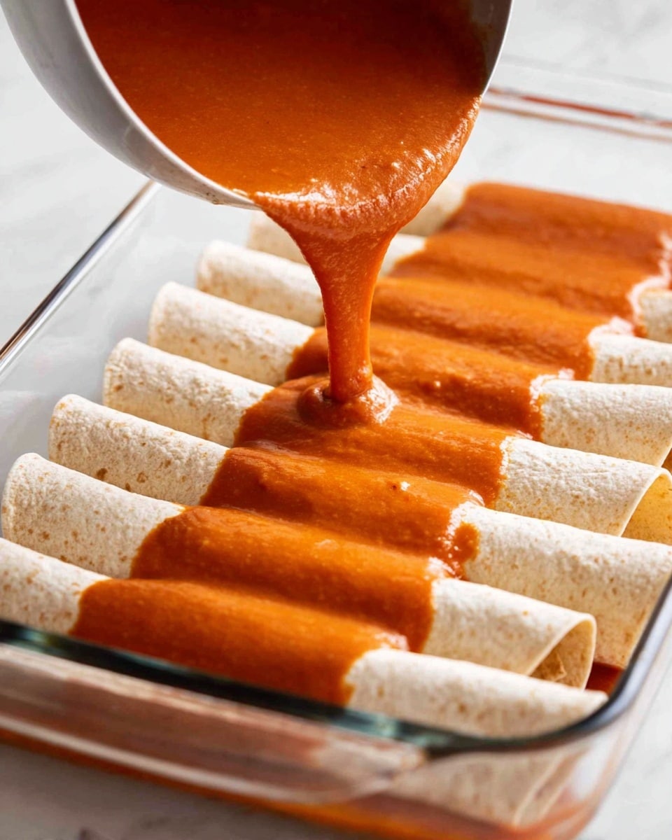 A clear glass baking dish holds a row of eight light beige rolled tortillas lined up side by side. A thick, rich, orange-red sauce with a smooth texture is being poured over the tortillas from a metal ladle held just above, covering the middle and flowing down the sides of the tortillas. The background surface is a white marbled texture. Photo taken with an iphone --ar 4:5 --v 7