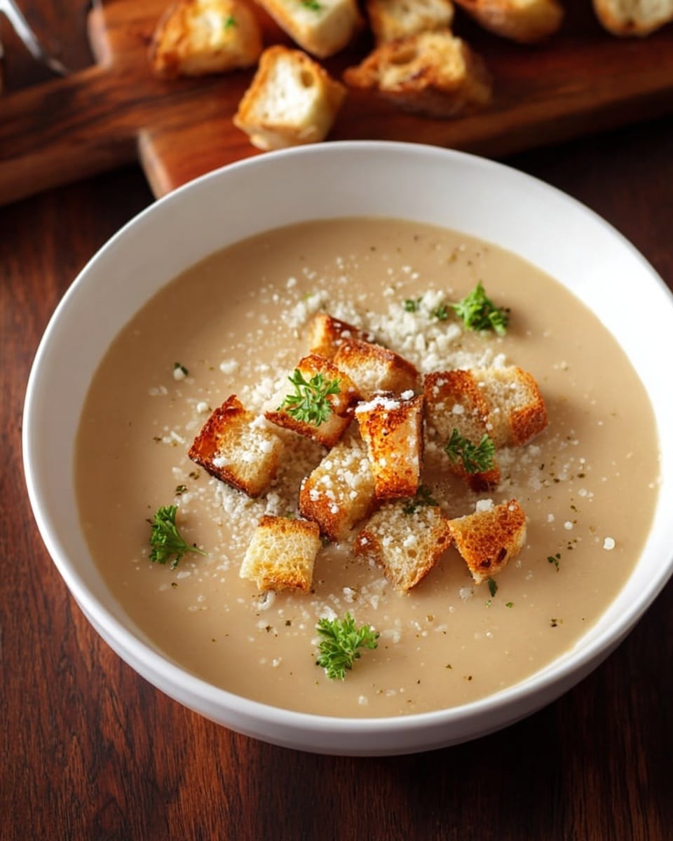 A white bowl filled with smooth creamy beige soup, topped with golden-brown toasted bread cubes scattered on the surface, sprinkled with finely grated white cheese and small green parsley leaves. The bowl sits on a wooden surface with additional toasted bread pieces on a serving board behind it. The overall look is warm and inviting with a focus on the contrasting textures of the soft soup and crunchy bread cubes. photo taken with an iphone --ar 4:5 --v 7