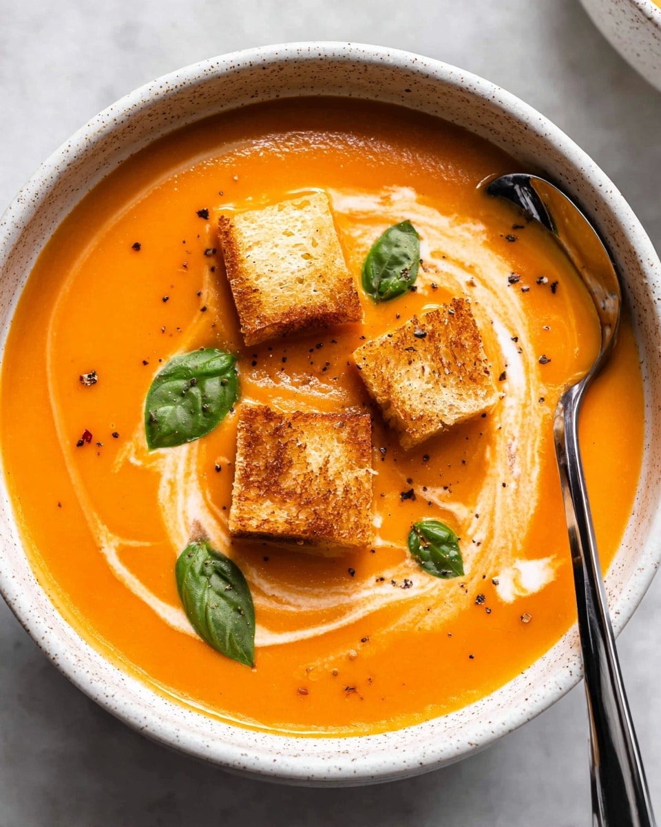 A white speckled bowl filled with smooth, bright orange cream soup, with a swirl of white cream gently mixed in on one side. On top, three square croutons with a crispy, golden-brown texture sit in the soup, sprinkled with small green basil leaves and a few black pepper flakes, adding contrast. A shiny silver spoon rests inside the bowl on the right side. The bowl is placed on a white marbled surface photo taken with an iphone --ar 4:5 --v 7