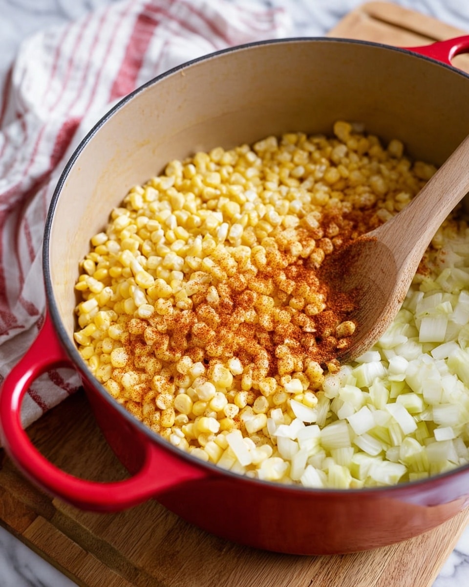 A large red pot filled with three layers of food inside. At the bottom right is a layer of small, pale white diced onions with a soft texture. Above and to the left is a thick layer of bright yellow corn kernels that look fresh and juicy. Scattered on top of the corn kernels is a light dusting of reddish-brown spice powder. A wooden spoon with a smooth texture is partly inside the pot, resting on the corn. The pot is set on a wooden surface, but the background is changed to a white marbled texture with a white cloth with red stripes nearby. photo taken with an iphone --ar 4:5 --v 7