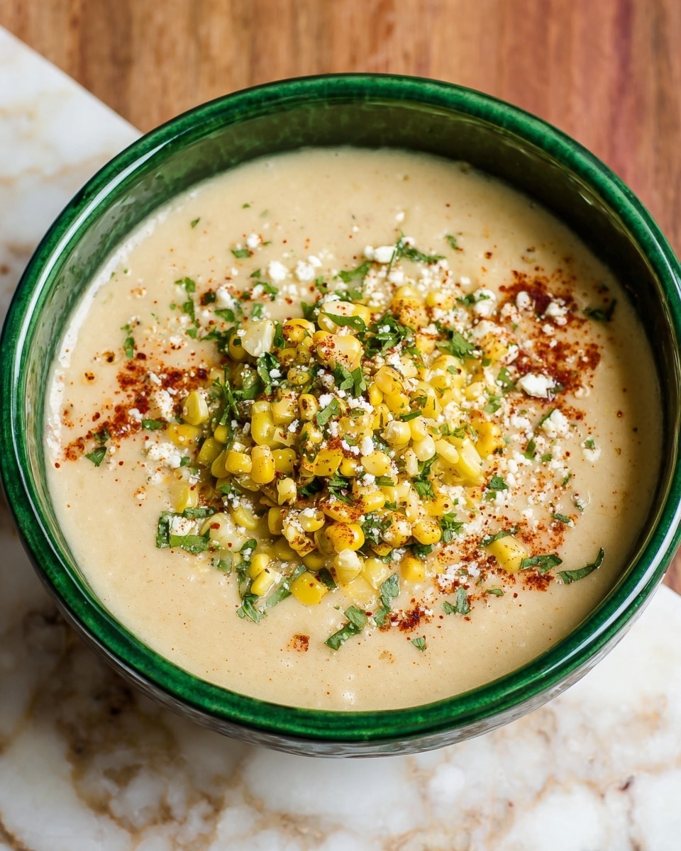 A green soup bowl filled with a creamy beige soup topped with a mound of yellow corn kernels mixed with green herbs. The corn and herbs sit in the middle, surrounded by a sprinkling of white cheese crumbles and a dusting of red paprika or chili powder around the edges of the soup. The bowl rests on a wooden surface with a white marbled texture surrounding it. photo taken with an iphone --ar 4:5 --v 7