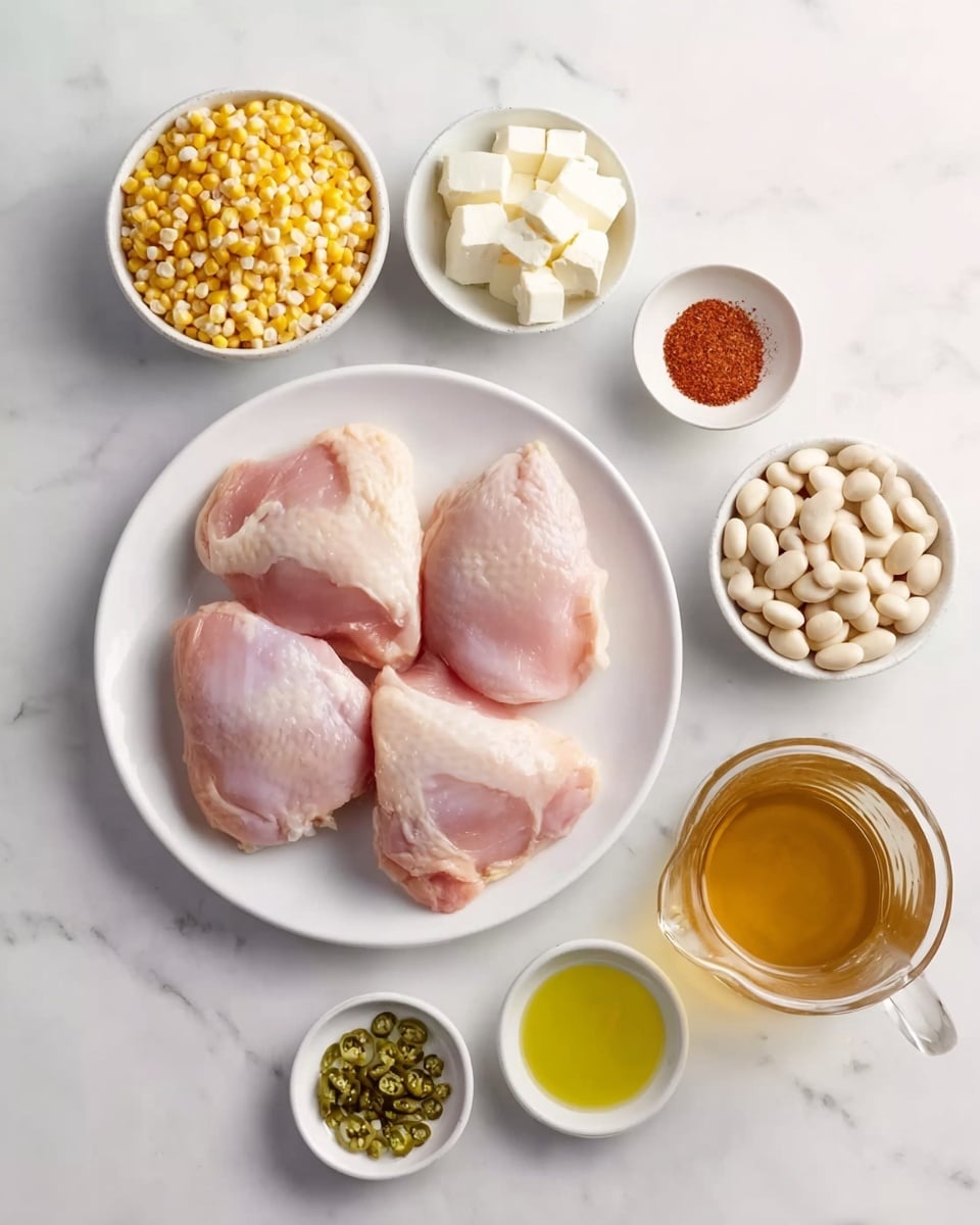 The image shows a white plate in the center holding three raw pink chicken pieces with a smooth texture. Around the plate, there are small white bowls arranged neatly on a white marbled surface. The bowls hold yellow corn kernels, white salt, red paprika powder, green chopped jalapeños, cream-colored cubed feta cheese, and cooked white beans. A small glass jug filled with light brown broth is to the right of the plate. Two tiny white dishes contain yellow mustard and green olive oil, placed near the bottom of the image. The whole setup is clean and bright with a neat arrangement, photo taken with an iphone --ar 4:5 --v 7