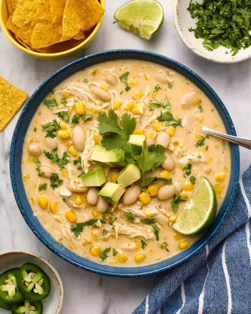 A blue bowl filled with a creamy beige soup that has white beans, yellow corn, and shredded chicken visible underneath the surface. There are green cilantro leaves scattered on top along with small diced pieces of avocado near the center. Two lime wedges rest on one side of the bowl, and three yellow tortilla chips are tucked on the edge of the bowl. The bowl is placed on a white marbled surface, with a small white dish of chopped herbs and a yellow bowl with sliced green jalapenos nearby. A blue and white striped cloth is partially visible in the lower right corner. Photo taken with an iphone --ar 4:5 --v 7