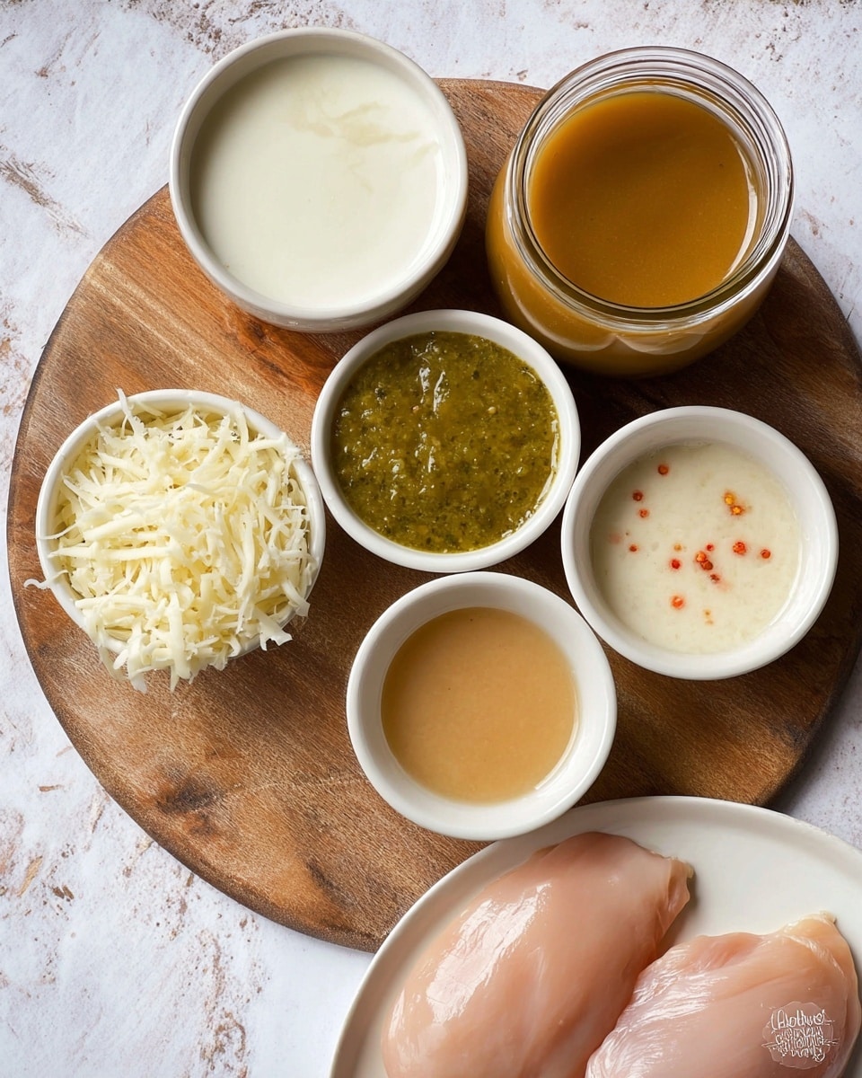 The image shows a wooden round board placed on a white marbled surface with four small white bowls and a glass jar on it. The bowls hold different ingredients: one has a thick white liquid, another contains a green chunky sauce, a third is filled with shredded white cheese, and the fourth smaller bowl closest to the viewer has a light brown liquid with tiny red specks. Beside the board, on the surface, there is a white plate with two raw chicken pieces that are pale pink and smooth. The glass jar on the board holds a caramel-colored liquid. Everything is neatly arranged and well-lit. Photo taken with an iphone --ar 4:5 --v 7