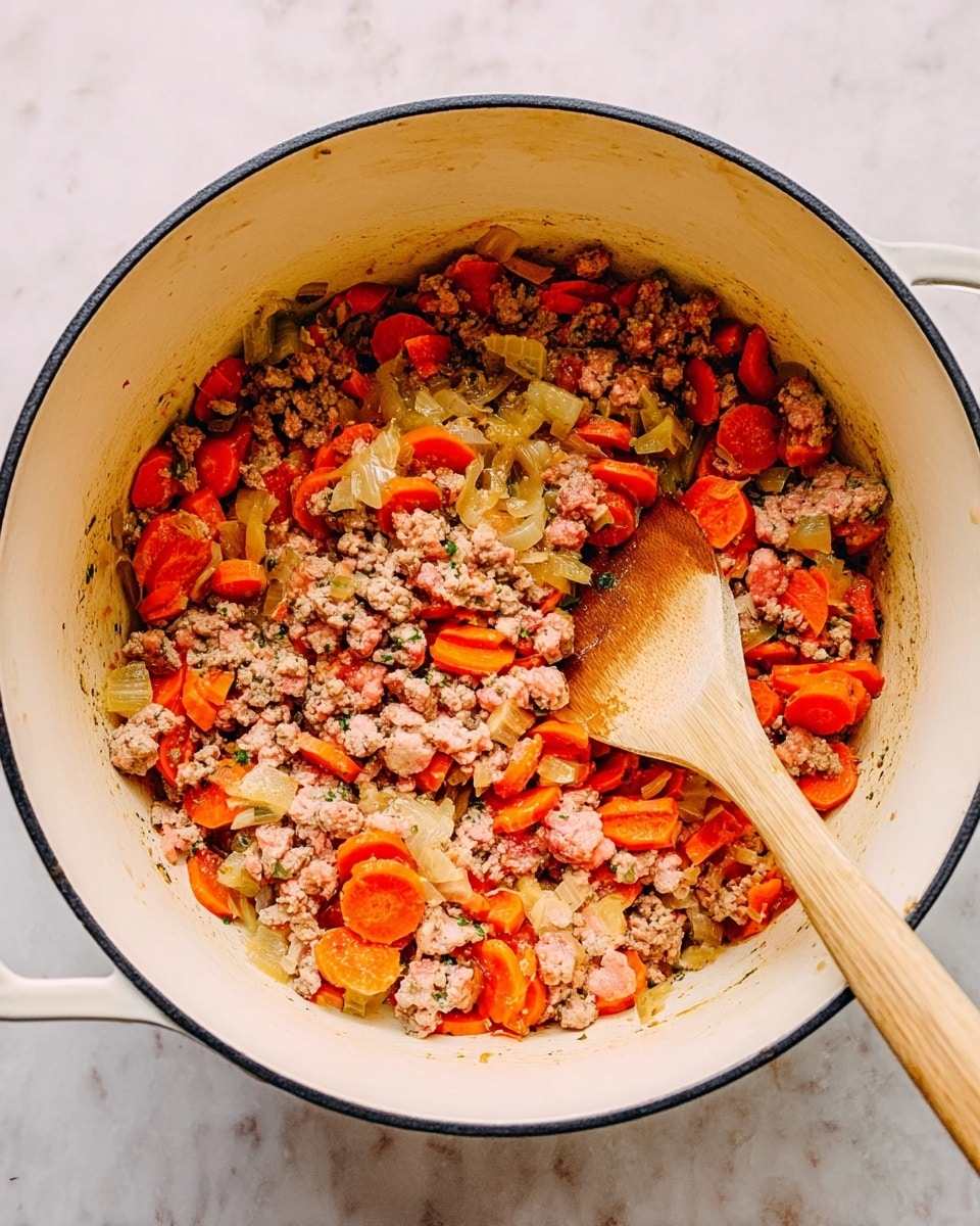 Inside a white pot with black rim, there is a mix of ground meat and sliced orange carrots with chopped translucent onions. The meat is light brown with some pink parts showing. The carrots are evenly spread, and the onions are scattered throughout. A wooden spoon is resting on the right side of the pot mixing the ingredients. The pot is on a white marbled textured surface. Photo taken with an iphone --ar 4:5 --v 7