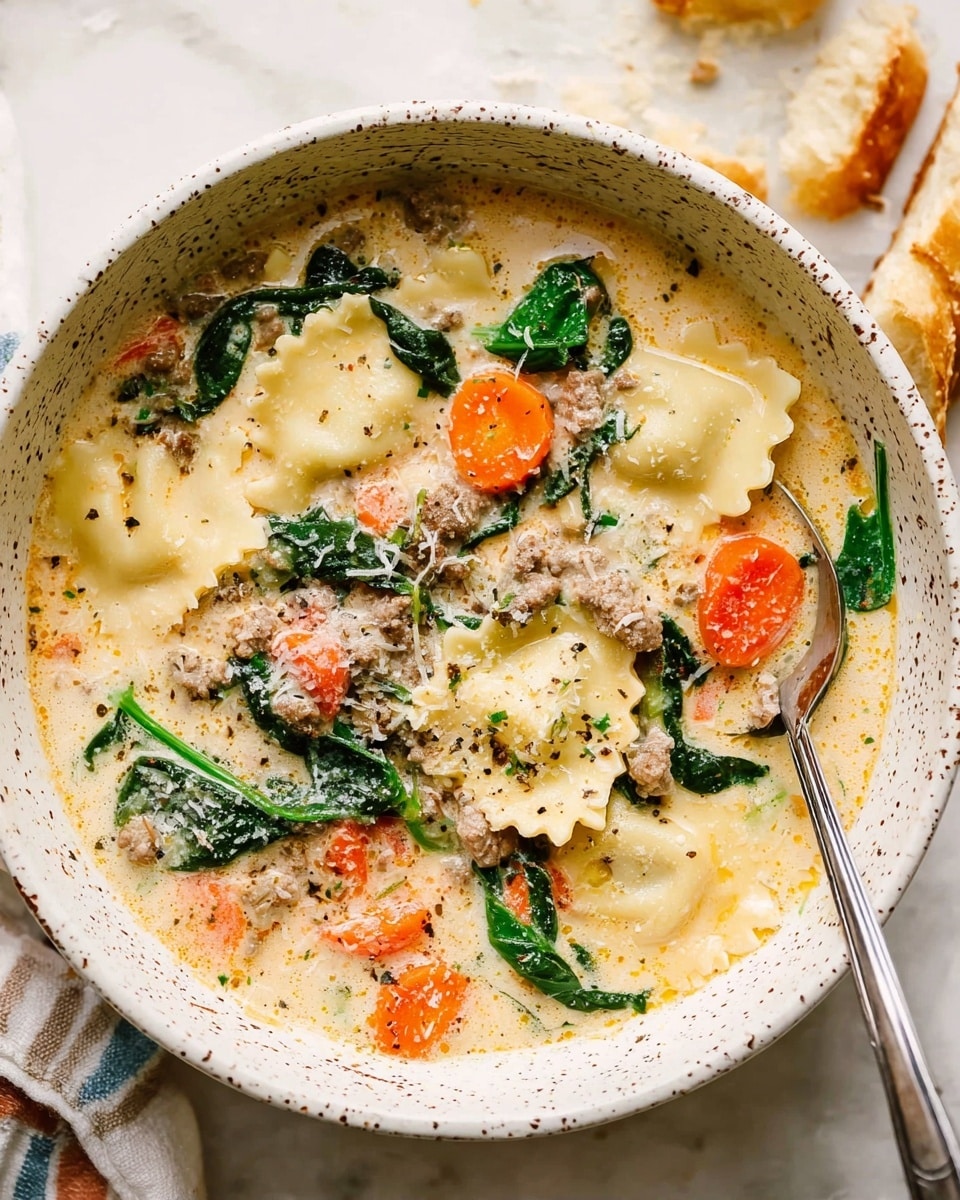 A white speckled bowl filled with creamy soup containing layers of ravioli pasta with ruffled edges, bright orange carrot slices, cooked ground meat pieces, and fresh green spinach leaves all mixed together in a light creamy broth. The bowl rests on a white marbled surface with some torn bread pieces nearby and a silver spoon placed inside the bowl. The soup looks rich and colorful with a mix of creamy white, orange, green, and brown shades. photo taken with an iphone --ar 4:5 --v 7