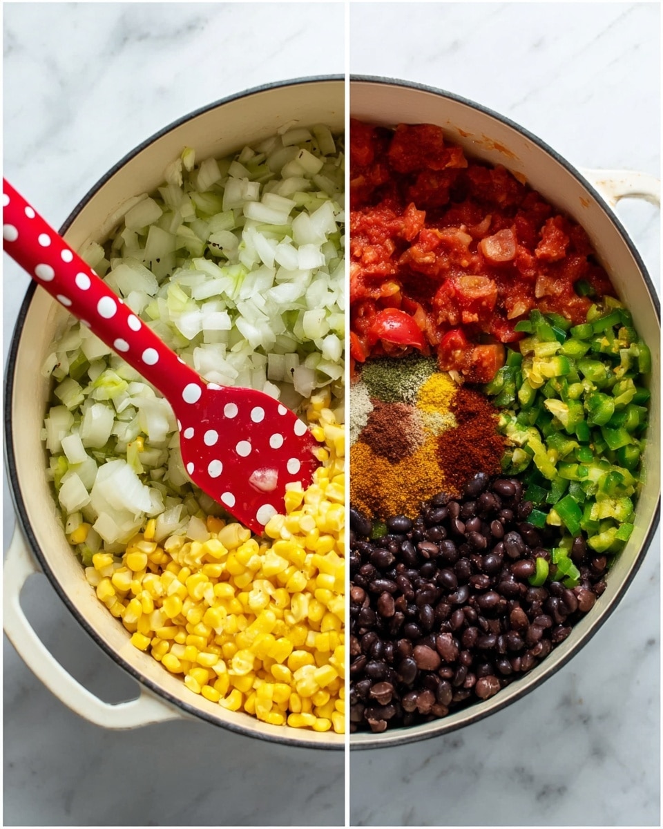 The image shows two photos side by side of a white pot on a white marbled surface. The left side displays the pot with a mixture of diced white onions and green peppers being stirred with a red spatula that has white polka dots, while the right side shows the same pot filled with several colorful ingredients placed in distinct sections: yellow corn in the top left, chopped red tomatoes in the top right, black beans in the bottom left, and a mixture of diced green peppers and onions on the bottom right. There is also a pile of brown spices placed near the bottom center of the pot. The overall look is fresh with vivid colors set against the neutral pot and surface. photo taken with an iphone --ar 4:5 --v 7