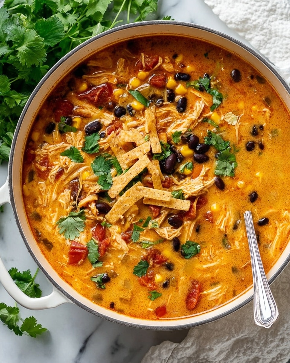 This image shows a white round pan filled with thick soup. The soup has layers of shredded orange-yellow chicken, yellow corn kernels, black beans, and red tomato pieces all mixed in a creamy, orange broth. On top, there are small, light brown crispy tortilla strips scattered over, along with fresh green cilantro leaves adding a fresh pop of color. A silver spoon rests inside the pan on the right side. The pan sits on a white marbled surface, with a white cloth and green herb leaves in the background. Photo taken with an iphone --ar 4:5 --v 7