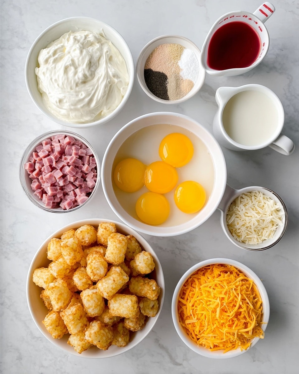 The image shows eight small white bowls on a white marbled surface, each filled with different ingredients arranged neatly. Starting from the top left, there is a bowl with thick white sour cream, next to it a small bowl with three piles of powders in beige, white, and black. On the top right, a white measuring cup holds red sauce, and next to it another white cup contains milk. Below these, a larger bowl in the middle has raw eggs with eight yellow yolks floating in clear egg white. To the right is a bowl filled with small pink diced ham pieces. At the bottom left, a large bowl is full of small golden-brown tater tots cubes, and to the right of it, a smaller bowl contains shredded orange cheddar cheese. The whole setup is clean and bright, showing a clear view of all layers and textures. Photo taken with an iphone --ar 4:5 --v 7