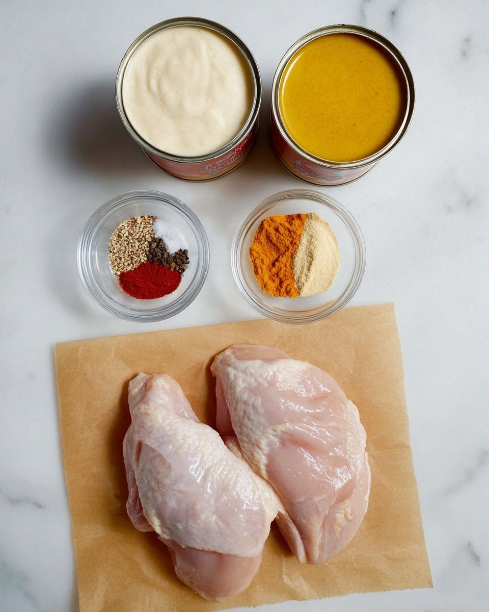 The image shows two raw chicken pieces placed side by side on a piece of brown parchment paper at the bottom. Above them are two open cans, one with white sauce and the other with yellow mustard-like sauce. Above these cans, there are two clear small bowls with different spices: one bowl has paprika, black pepper, and salt with a white and red color mix, and the other bowl contains orange and light yellow powdered spices. The background is a white marbled surface. photo taken with an iphone --ar 4:5 --v 7