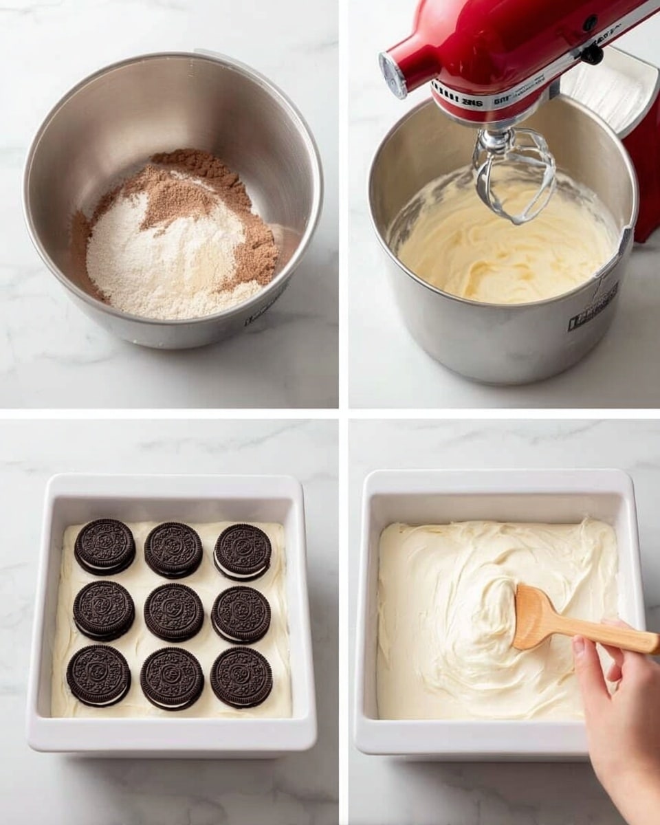 The image shows four steps of making a layered dessert on a white marbled surface. The first part has a silver mixing bowl with light brown, powdery ingredients inside, with a red mixer head above it. The second part shows the same bowl filled with thick, creamy white mixture attached to the mixer. The third part displays a white baking pan filled with a single layer of dark chocolate sandwich cookies neatly placed side by side. The last part shows a woman's hand spreading a thick, white creamy layer over the cookies with a wooden spoon inside the white baking pan. Photo taken with an iphone --ar 4:5 --v 7