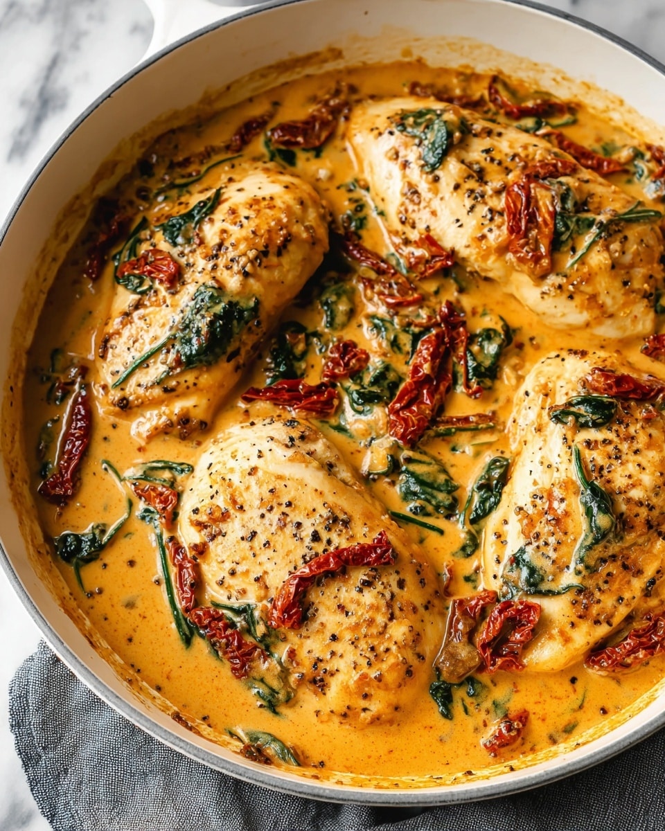 The image shows four pieces of cooked chicken placed in a white pan, covered with a thick creamy orange sauce. The sauce has visible pieces of dark green spinach and sun-dried red tomatoes spread evenly around and on top of the chicken. Each chicken piece has a slightly browned surface with small black pepper spots, giving it texture. The sauce looks smooth and rich, filling the spaces between the chicken pieces and ingredients. The pan rests on a gray cloth, and the background is a white marbled surface. Photo taken with an iphone --ar 4:5 --v 7
