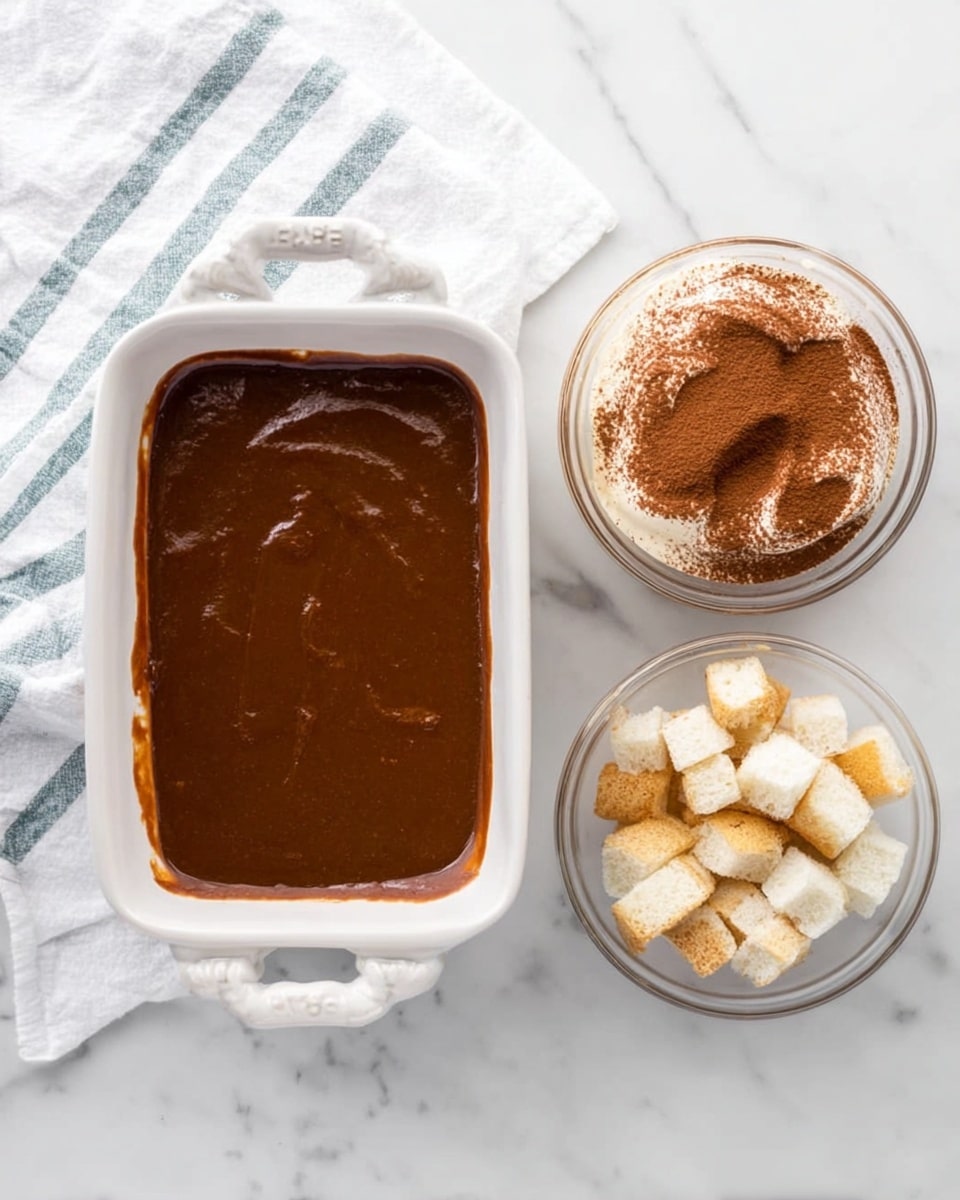 The image shows a rectangular white dish with two handles filled with a smooth, thick layer of dark brown sauce spread evenly inside. To the top right, there is a round transparent bowl filled with a creamy mixture topped with a dusting of cocoa powder in dark and light brown colors. Below that, another round transparent bowl contains small white bread cubes with a light golden crust. The dishes are placed on a white marbled surface, accompanied by a white cloth with thin light blue stripes on the top left. photo taken with an iphone --ar 4:5 --v 7