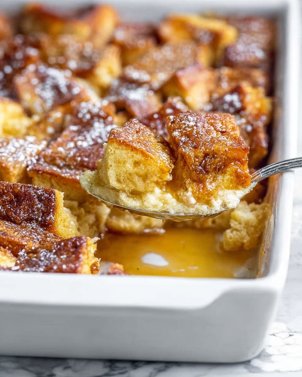 The image shows a white rectangular baking dish filled with a baked bread pudding. The dish is filled with golden-brown, cube-shaped bread pieces that have a slightly dark, toasted top layer sprinkled with a light dusting of powdered sugar. The pudding looks soft and moist in the middle, with a shiny syrup pooling at the bottom. A spoon is scooping out a portion from the front, showing the pudding's light yellow inner texture mixed with darker, cinnamon-colored spots. The surface beneath the dish is a white marbled texture. photo taken with an iphone --ar 4:5 --v 7