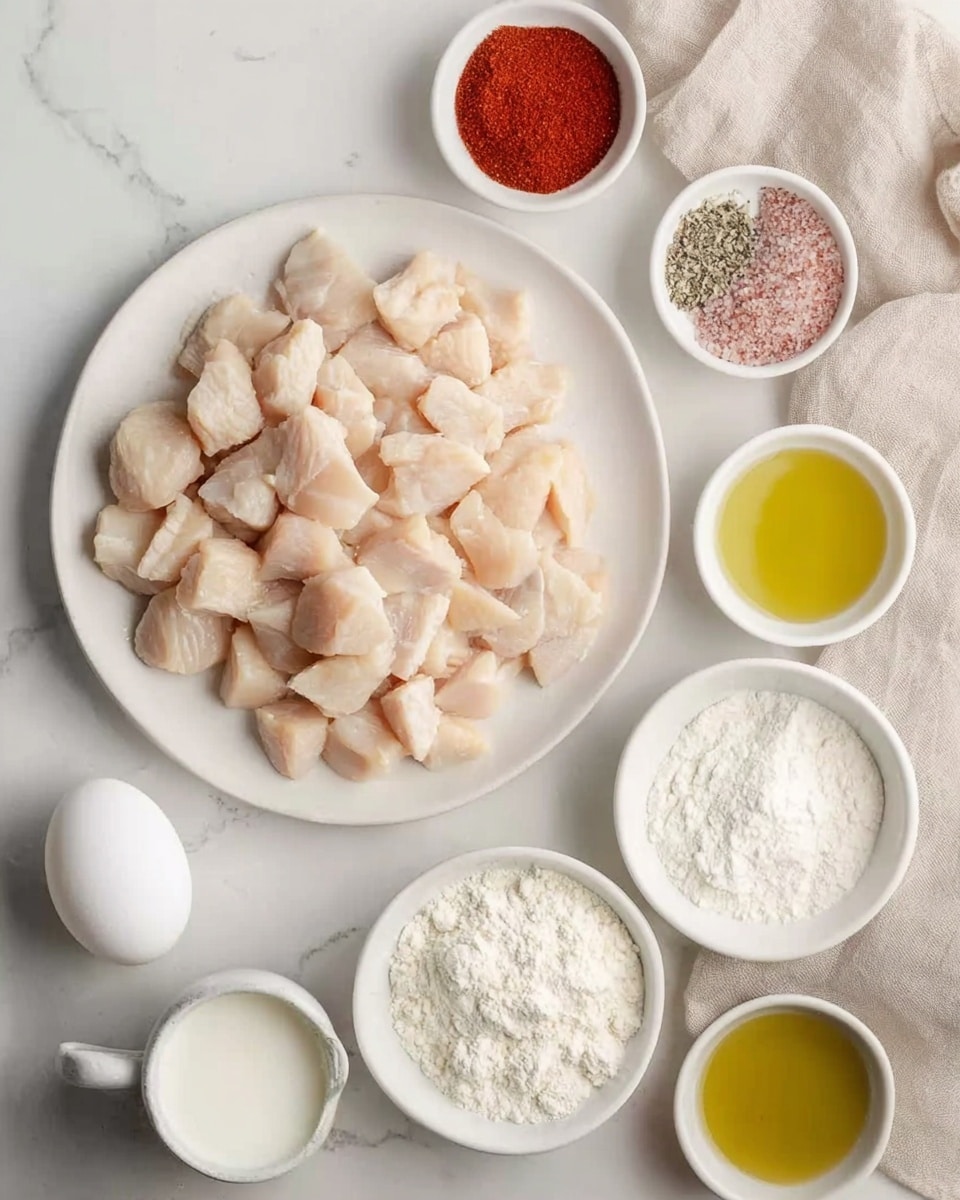 The image shows a white round plate in the center filled with many small, light beige pieces of raw chicken. Around the plate, there are five small white bowls arranged on a white marbled surface: one with a red powder (likely paprika), one with a mix of pink and black granules (salt and pepper), one filled with white flour, one with white granulated powder (baking powder), and one white bowl is empty and placed next to a white egg. In front of these bowls, there are two small white cups, one with white liquid (milk) and the other with a yellow liquid (oil). Everything is placed neatly on a soft, beige cloth. photo taken with an iphone --ar 4:5 --v 7