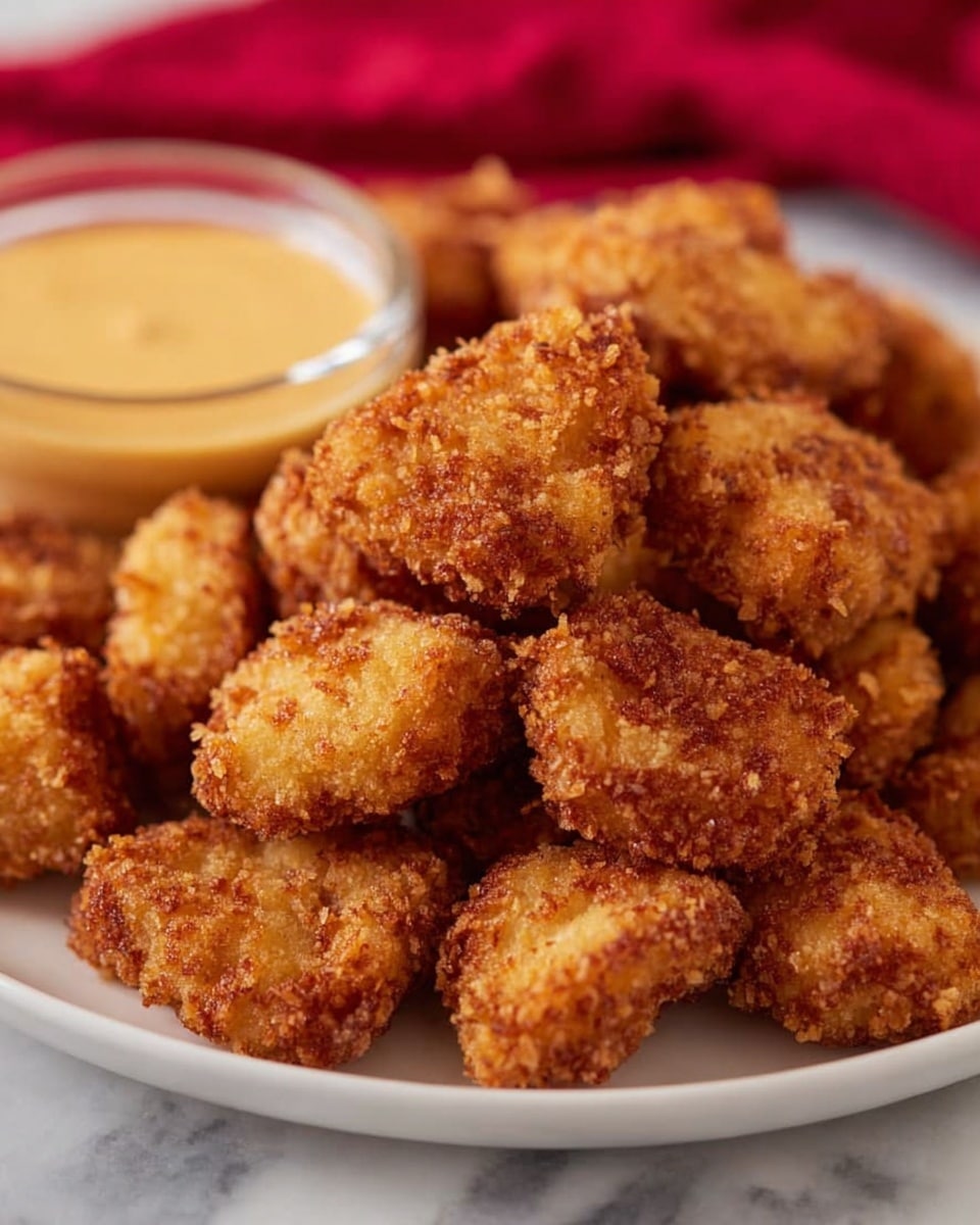 A white plate filled with many small, golden-brown crispy fried nuggets stacked on top of each other, showing a rough and crunchy texture. Behind the nuggets on the same plate is a small round glass bowl filled with creamy light orange dipping sauce. The plate sits on a white marbled surface with a red cloth slightly visible in the background. photo taken with an iphone --ar 4:5 --v 7
