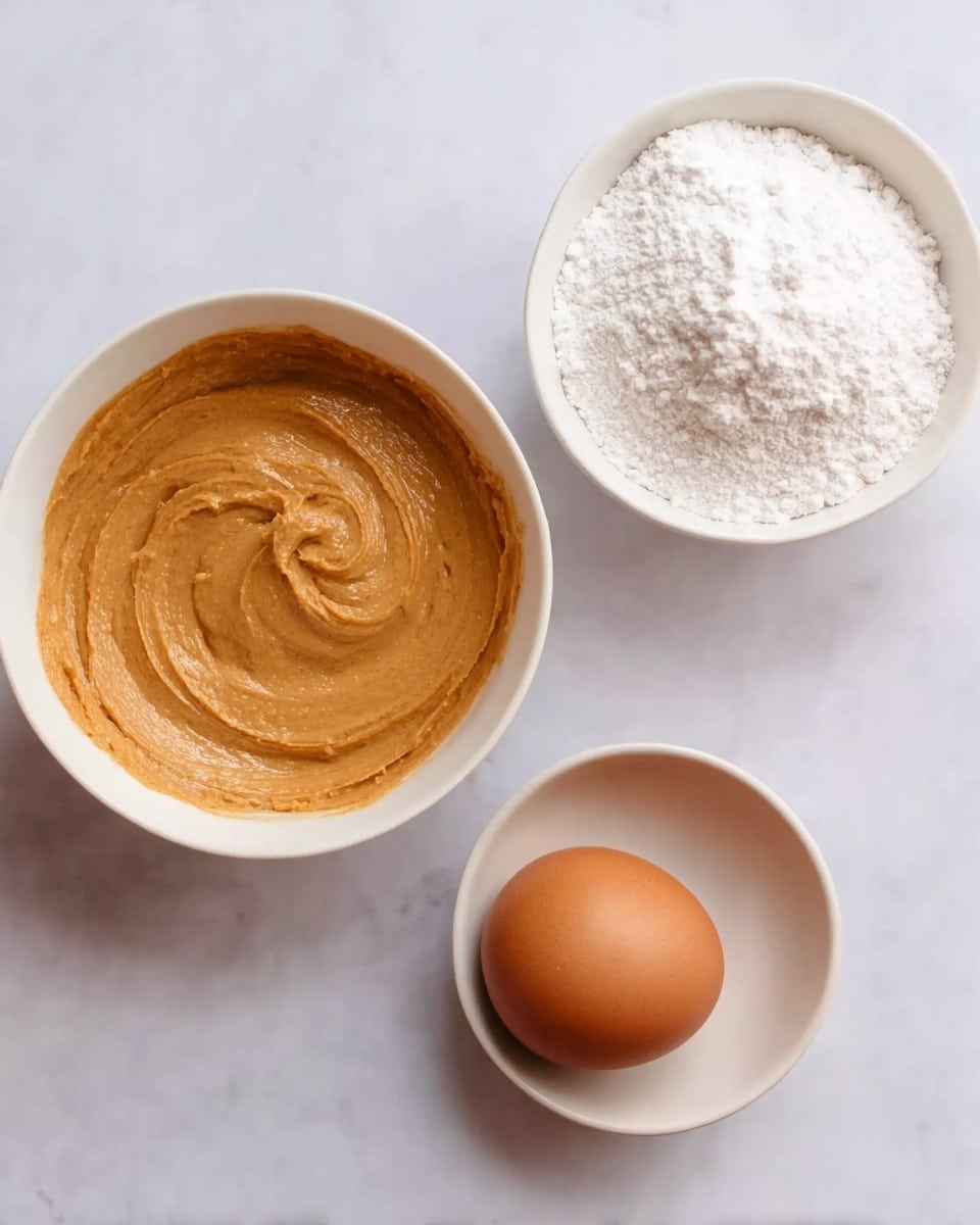 The image shows three white bowls arranged on a white marbled surface. The largest bowl on the left contains a thick and smooth peanut butter-colored paste with a creamy texture, slightly swirled on top. The bowl on the upper right is filled with a fluffy white powder, evenly settled and slightly mounded. The smallest bowl at the bottom holds a single brown egg with a smooth shell. Photo taken with an iphone --ar 4:5 --v 7