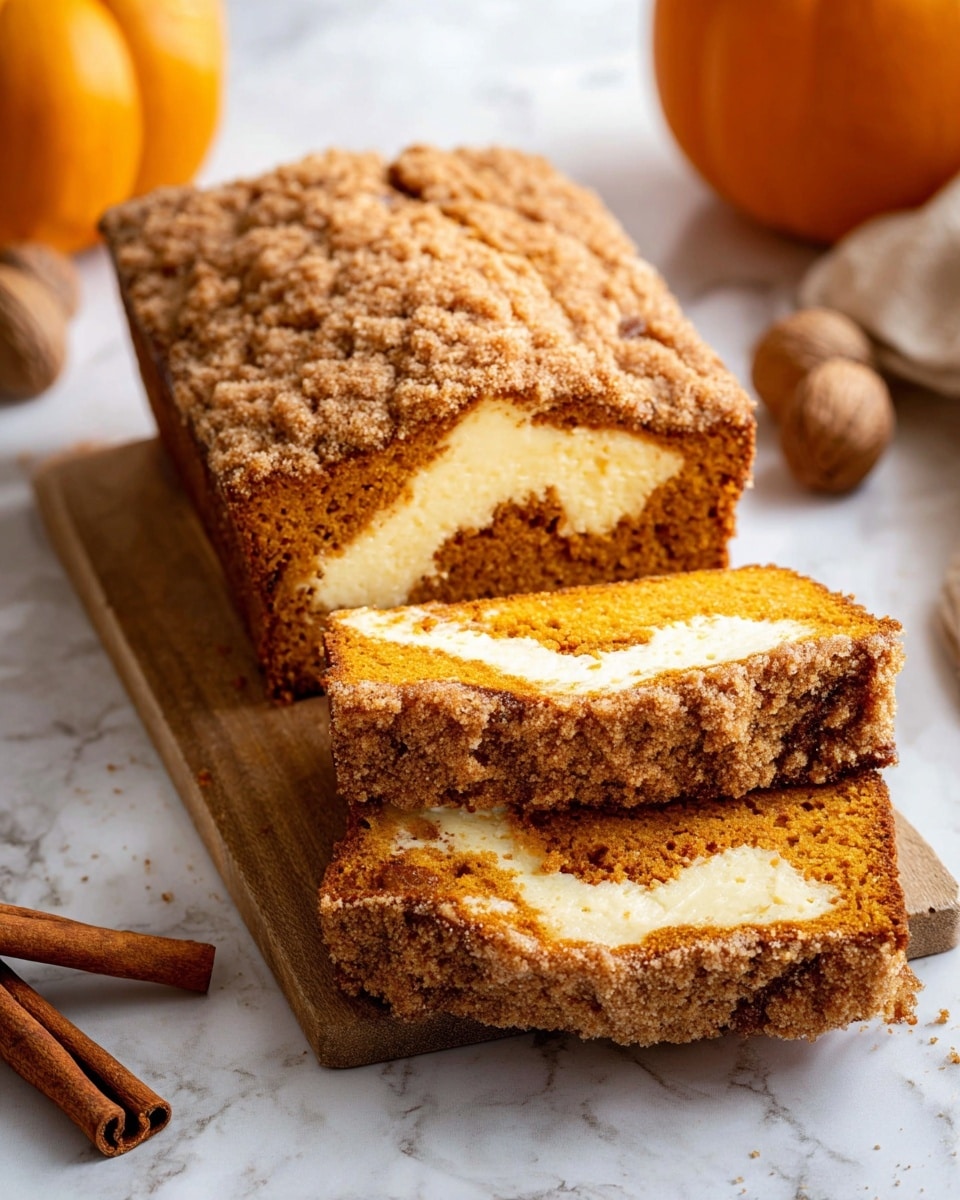 A pumpkin loaf with two thick slices stacked on a small wooden board resting on a white marbled surface. The loaf has a crumbly, light brown topping covering the entire top. The inside of the bread is a deep orange color with a creamy white swirl running through the middle layer of the loaf, visible in the sliced pieces. Around the loaf, there are brown cinnamon sticks, two nutmegs, and a small orange pumpkin in the soft-focus background. Photo taken with an iphone --ar 4:5 --v 7