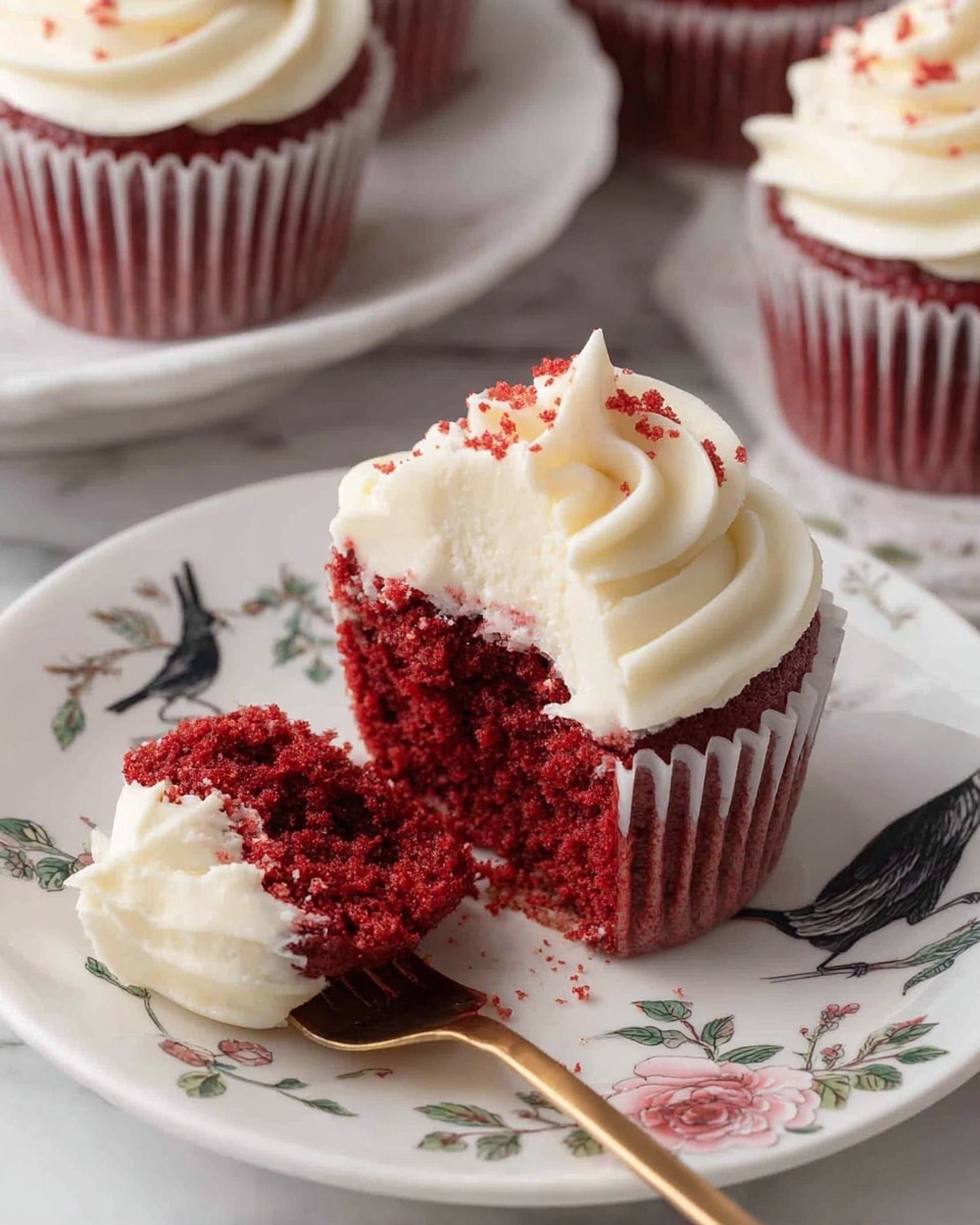 A red velvet cupcake with a deep red, moist, and soft texture sits on a white plate decorated with bird and branch illustrations. It has one visible layer of cake topped with a thick swirl of creamy white frosting, which is smooth and glossy. The frosting is sprinkled with small red crumbs. A gold spoon on the plate holds a bite of the cupcake with frosting. In the background, there are more whole red velvet cupcakes with similar white frosting. The surface is white marbled texture. Photo taken with an iphone --ar 4:5 --v 7