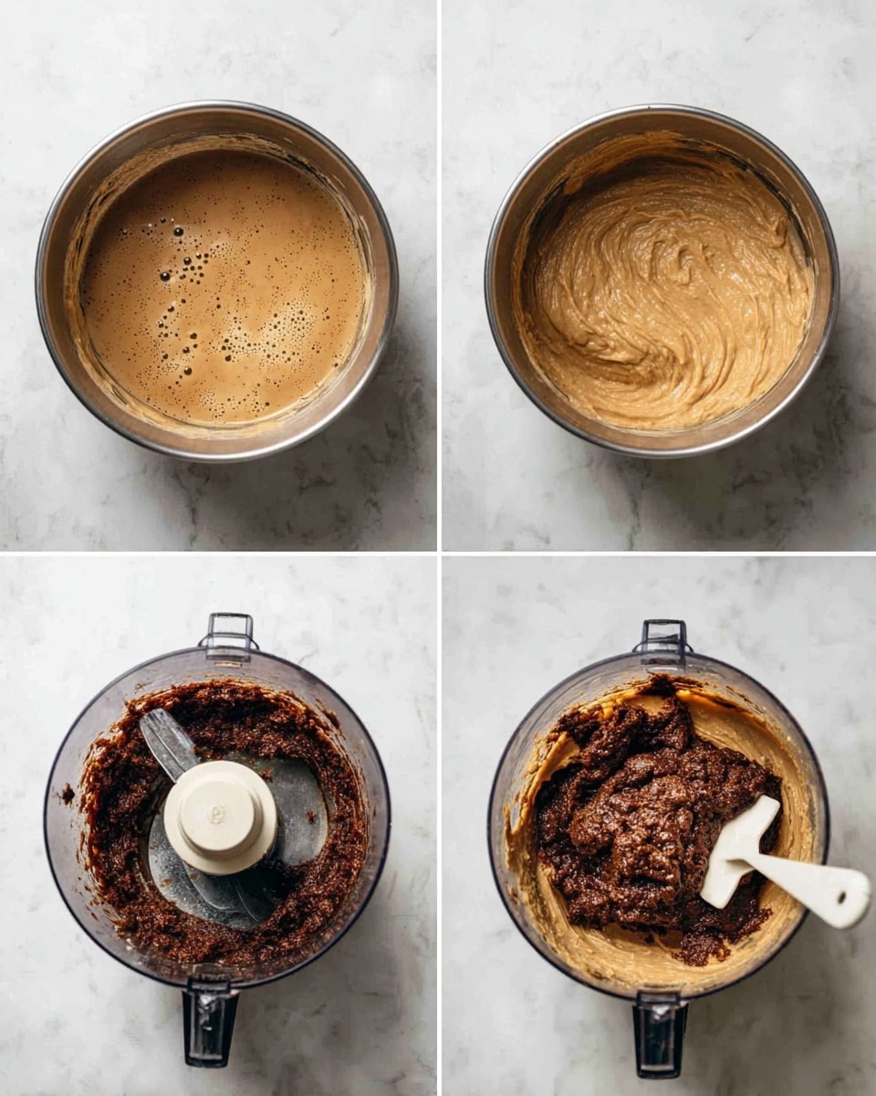 The image shows four smaller pictures arranged in a grid, each displaying a mixing bowl or food processor on a white marbled surface. The top left picture has a metal bowl filled with a smooth light brown batter with small bubbles on the surface. The top right picture shows the same bowl now with a thick, creamy light brown dough. The bottom left picture captures a food processor containing a dark chunky mixture with some liquid, partially covering the blade in the center. The bottom right picture returns to the metal bowl where the thick light brown dough surrounds a dark chunky mix in the middle, with a white spatula resting inside. Photo taken with an iphone --ar 4:5 --v 7
