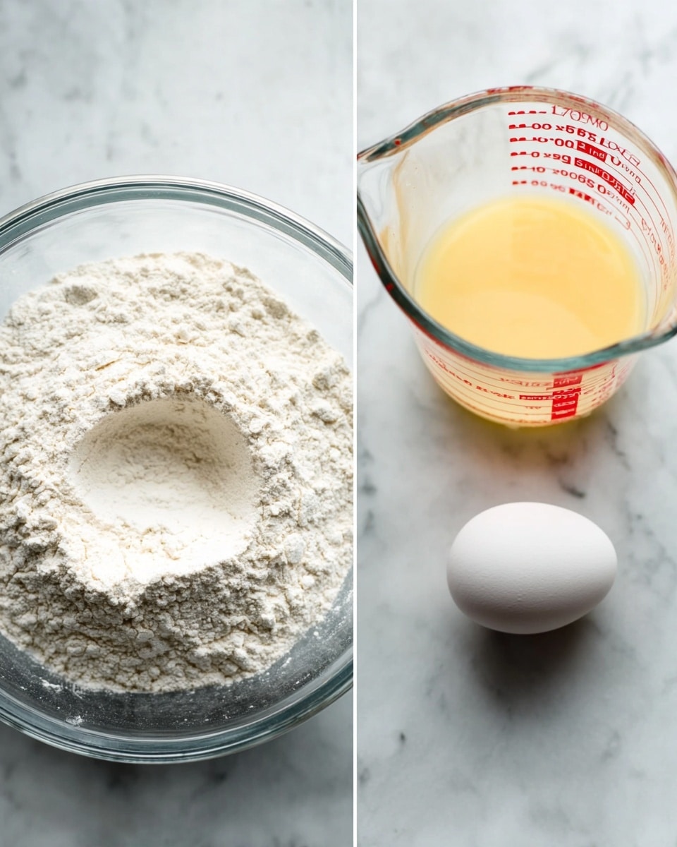 The image shows two parts: on the left, a white glass bowl filled with a mound of white flour with a small well in the center, sitting on a white marbled surface. On the right, there is a clear glass measuring cup with red measurement markings filled halfway with a pale yellow liquid, and next to it is a whole white egg, all placed on the same white marbled surface. The lighting is soft and natural, highlighting the texture of the flour and the smoothness of the egg and liquid. photo taken with an iphone --ar 4:5 --v 7