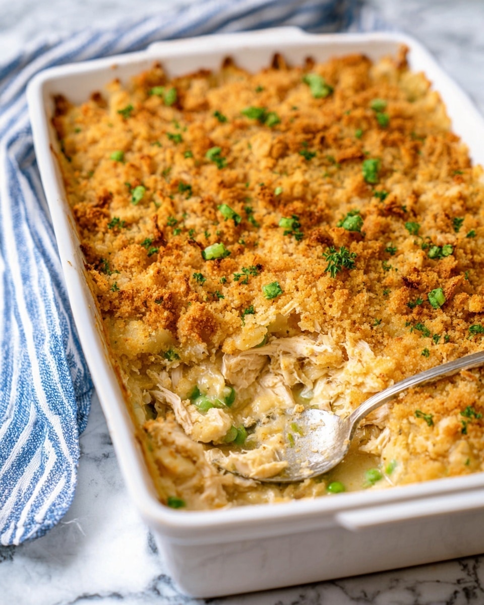 This image shows a white rectangular baking dish filled with a layered casserole. The top layer is a golden brown, crumbly crust with small green herb pieces sprinkled on it. Below the crust, there is a creamy mixture that includes visible small pieces of shredded chicken and green peas. The dish has a serving spoon resting inside it near the bottom right corner, with some casserole scooped out, revealing the creamy and soft texture underneath the crunchy top. The background features a white marbled surface and a blue and white striped cloth on the left side. photo taken with an iphone --ar 4:5 --v 7