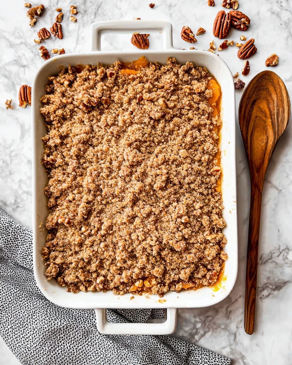 A white rectangular baking dish filled with a baked dessert that has two visible layers: the bottom layer with a soft, slightly visible texture of cooked fruit in warm orange-brown tones, and a thick, uneven crumbly topping in golden brown with small nut pieces scattered through it. The dish is placed on a white marbled surface with scattered pecan halves around it, and to the right side, there is a wooden spoon with a smooth texture resting on the surface. A gray and white dotted cloth is partially visible under the left corner of the dish. Photo taken with an iphone --ar 4:5 --v 7