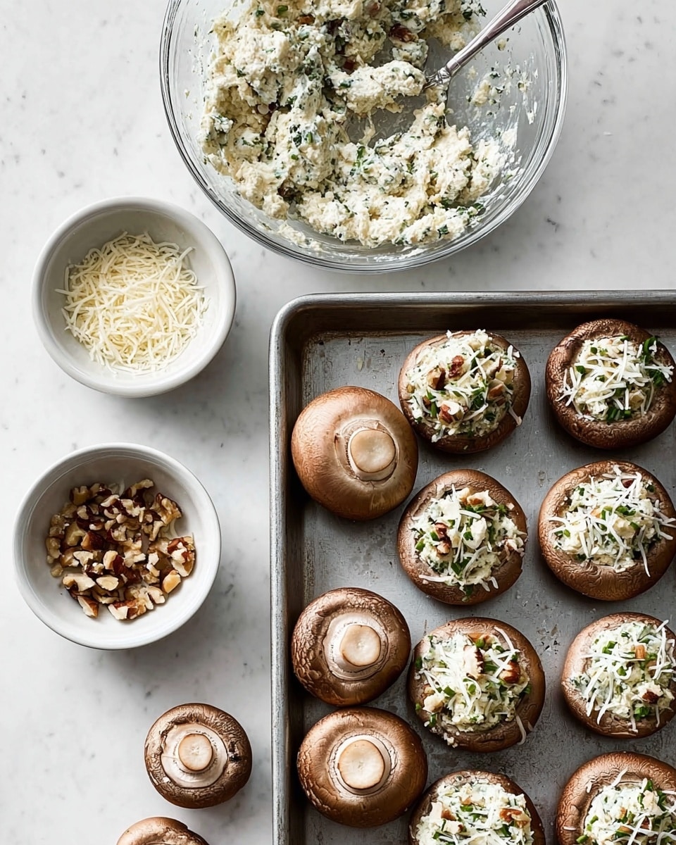 The image shows a metal tray with ten brown mushrooms placed in rows, eight of them filled with a creamy white mixture speckled with green herbs and small brown bits, and topped with thin white shreds. Two mushrooms at the bottom of the tray are empty with their caps facing up, showing smooth brown surfaces and hollow centers. Above the tray, there is a clear glass bowl containing more of the creamy white herb mixture, with a silver spoon resting inside. To the left of the bowl, two small white bowls hold additional ingredients; one has chopped brown nuts and the other holds shredded white cheese. The whole scene is set on a white marbled surface. photo taken with an iphone --ar 4:5 --v 7