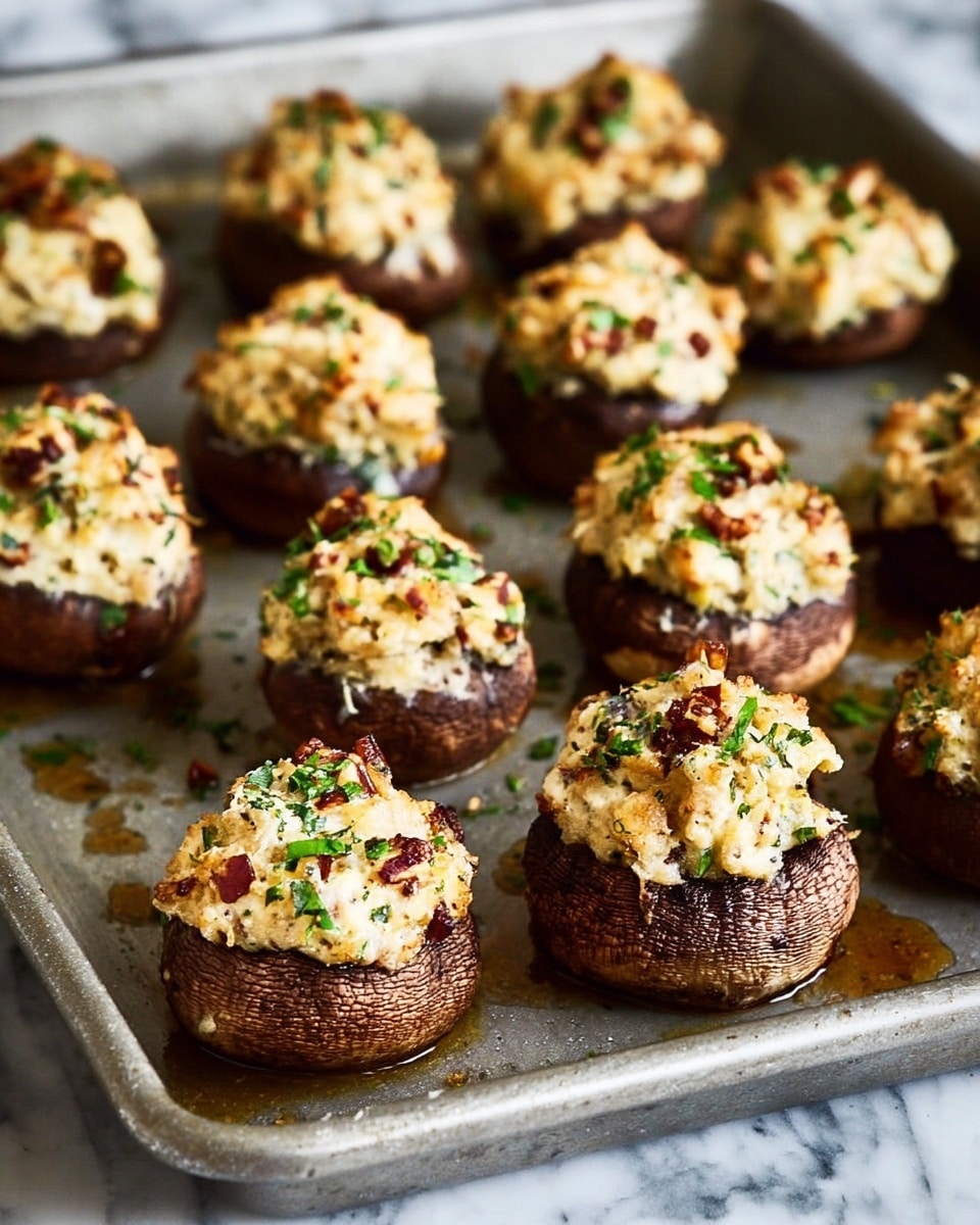The image shows a baking tray filled with twelve stuffed mushrooms placed in rows. Each mushroom has two layers: the bottom layer is a whole mushroom cap in dark brown with a rough texture, and the top layer is a creamy stuffing made of light beige cheese mixed with green herbs and small bits of nuts, scattered showy on top. The stuffing has a slightly browned toasted look, with some melted cheese strings and small chopped nuts visible. The tray surface is a gray metal, and the mushrooms have small pools of brown juice around their base. The background is a white marbled texture. photo taken with an iphone --ar 4:5 --v 7