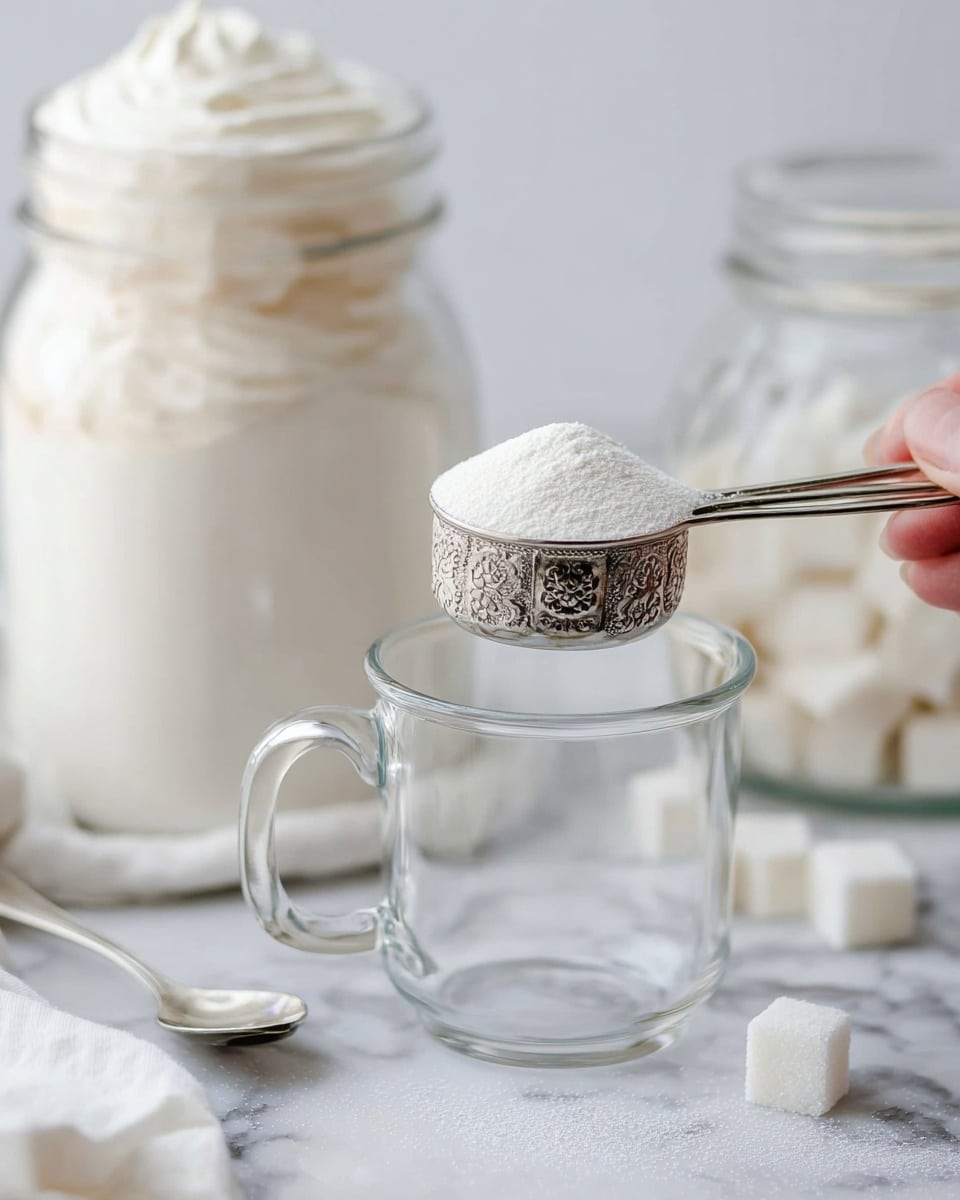 A close-up image shows a woman's hand holding a small ornate silver measuring cup filled with fine white powder, positioned just above a clear glass mug with a handle. Behind this, there is a large glass jar filled with the same white powder topped with a soft swirl of it, and a blurred tall glass container with white cubes inside. A small silver spoon lies on the white marbled surface, and some white sugar cubes are scattered in front of the mug. The colors are light and clean with a soft focus on the woman's hand and measuring cup. photo taken with an iphone --ar 4:5 --v 7