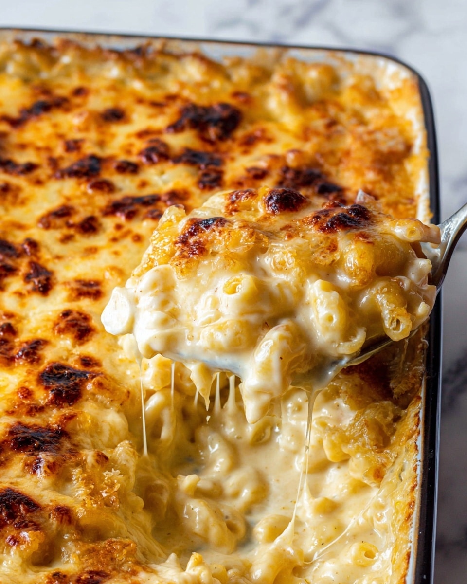 This image shows a baking dish filled with a creamy macaroni and cheese dish. The top layer is golden brown melted cheese with some darker browned spots, creating a crunchy texture. Below this, a rich, thick layer of creamy cheese sauce covers macaroni pasta that looks soft and well-coated. A spoon is scooping some of the macaroni and cheese from the lower right corner, showing the smooth and creamy sauce dripping off the pasta. The background is a white marbled surface. Photo taken with an iphone --ar 4:5 --v 7
