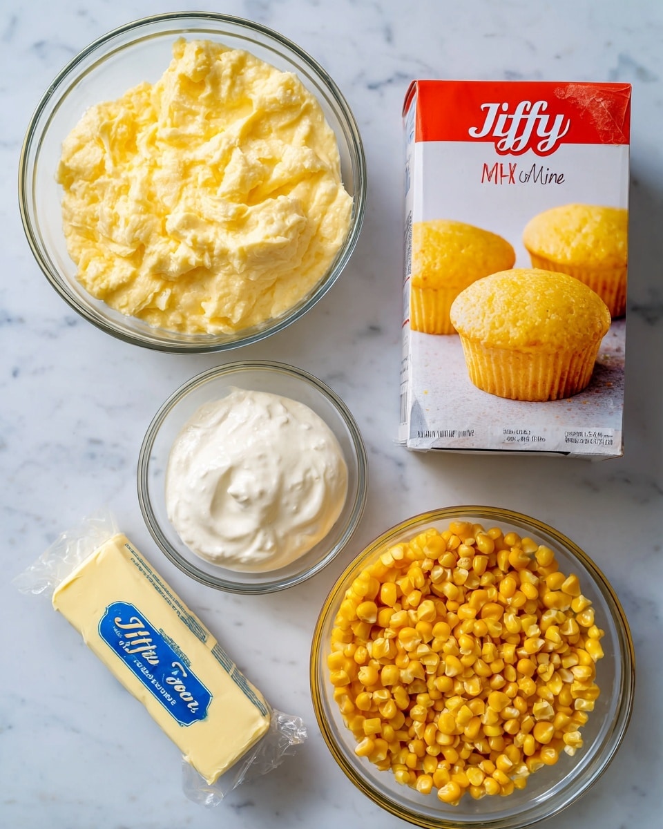 The image shows five ingredients placed on a white marbled surface. On the top left, there is a glass bowl filled with creamy, yellow cream corn that has a thick texture. To the right of this bowl is a white box of Jiffy corn muffin mix with a bright red top and a picture of two golden yellow corn muffins on the front. Below the cream corn is a smaller glass bowl containing soft, white sour cream with a smooth, thick texture. On the bottom right, there is a large glass bowl filled with bright yellow whole corn kernels, which look fresh and slightly shiny. At the bottom left corner lies a wrapped stick of salted butter in cream-colored paper with blue text. All items are well spaced on the clean white marble background. photo taken with an iphone --ar 4:5 --v 7