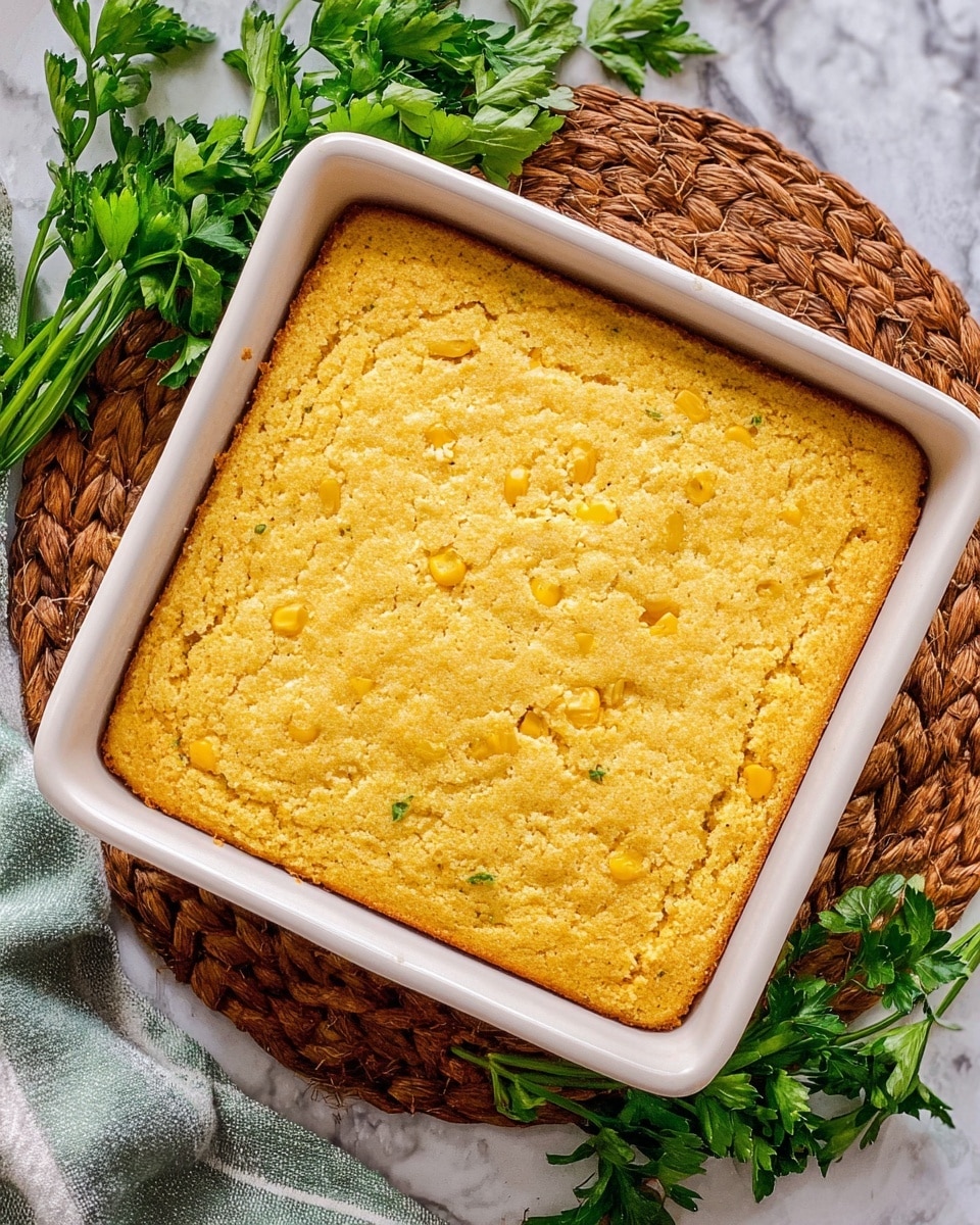 A square white ceramic baking dish filled with a golden yellow cornbread that has a slightly rough texture on top, with visible bits of corn throughout. The cornbread is evenly baked with a light brown crust around the edges, and the surface looks soft and slightly crumbly. The dish is placed on a round woven mat on a white marbled surface with fresh green parsley leaves scattered nearby. Photo taken with an iphone --ar 4:5 --v 7
