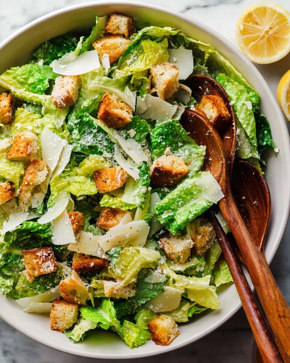 A white bowl filled with fresh green romaine lettuce leaves torn into pieces as the base layer, topped with a scattering of golden brown toasted croutons that are uneven in shape and size, and sprinkled with thin, white shavings of Parmesan cheese spread evenly over the salad. Two wooden spoons with a natural brown texture are placed inside the bowl, one on the left and one on the right, partially buried in the salad. A lemon slice is partially visible on a white marbled surface background. Photo taken with an iphone --ar 4:5 --v 7