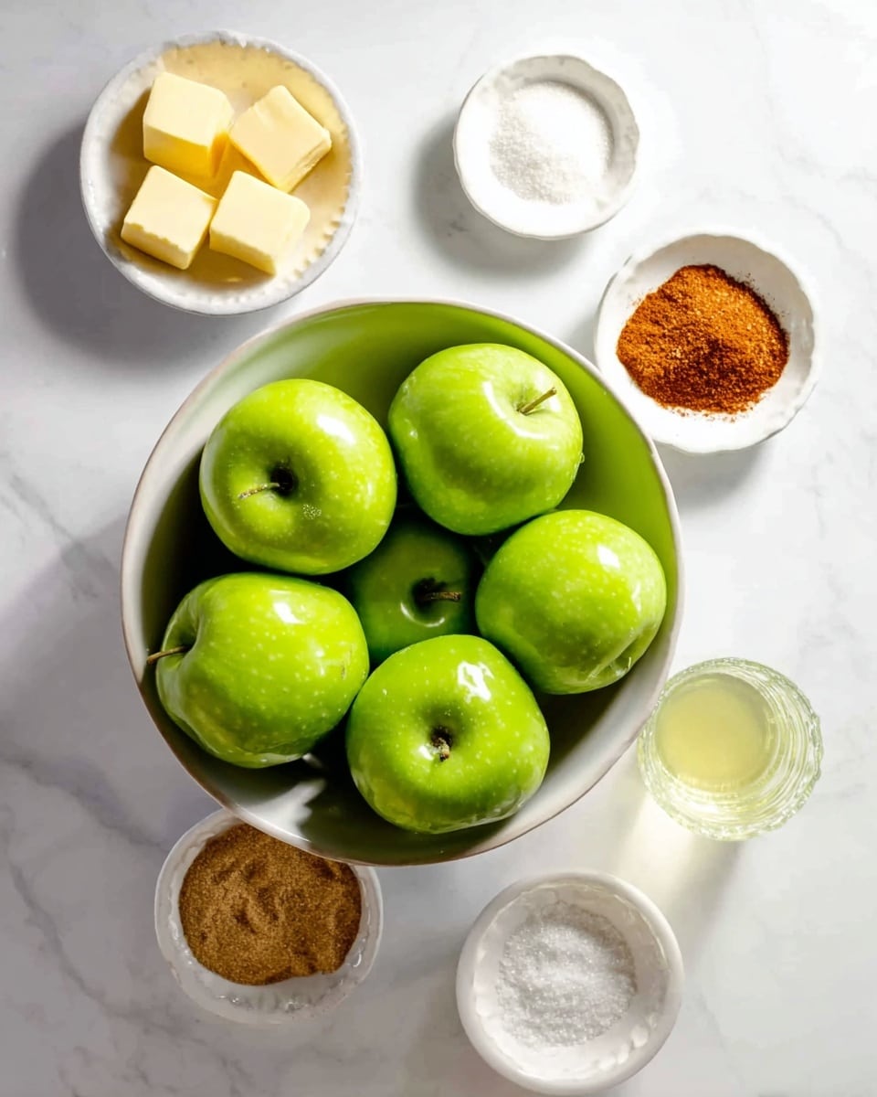 A top view of a white bowl filled with six shiny green apples in the center on a white marbled surface. Around the bowl there are five small white bowls and dishes arranged in a loose circle: one contains three small square pieces of yellow butter, another holds a reddish-brown powder, a third has light brown sugar, a fourth has white granulated sugar, and the last small bowl holds a white powder. A small clear glass with a pale yellow liquid is placed near the bottom edge of the image. The lighting is bright and natural. Photo taken with an iphone --ar 4:5 --v 7