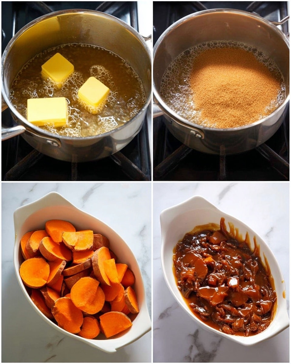 A collage of four images showing the process of making a sweet potato dish. The first image shows a silver pot on a stove with two small blocks of yellow butter melting in bubbling liquid. The second image shows the same pot with melted butter and a heap of light brown sugar on top. The third image shows the melted mixture now a smooth, shiny, thick caramel-like sauce covering the bottom of the pot. The fourth image shows a white oval dish filled with thick-cut orange sweet potato slices, topped with a dark brown sauce spread unevenly over them, all placed on a white marbled surface. Photo taken with an iphone --ar 4:5 --v 7