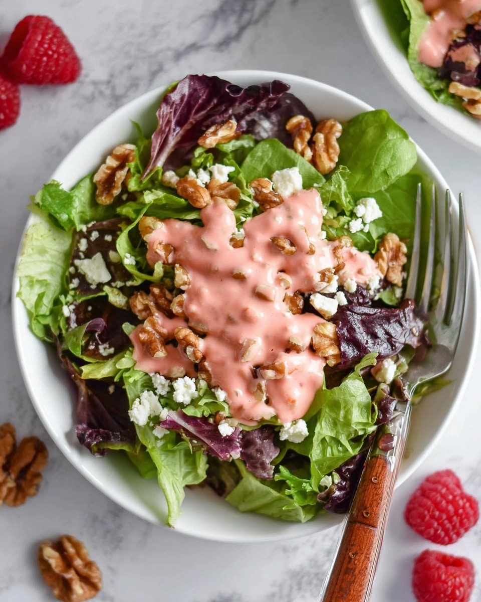 The image shows a fresh salad in a white bowl on a white marbled surface. The salad has several layers: at the base, mixed green and purple lettuce leaves provide a leafy, textured layer. On top, there are scattered walnuts and small white crumbles of cheese adding rough and creamy textures. The salad is generously covered in a smooth, pink dressing drizzled evenly over the top. Around the bowl, there are walnut pieces and two fresh red raspberries on the surface. A fork with a wooden handle rests on the edge of the bowl. Photo taken with an iphone --ar 4:5 --v 7