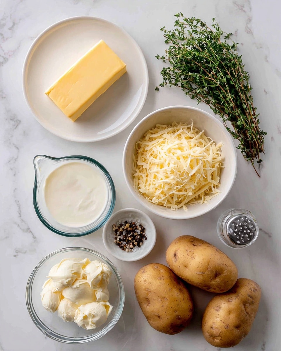 The image shows ingredients on a white marbled surface. There is a white plate with a stick of yellow butter, a small white bowl with green thyme leaves next to fresh thyme sprigs, a clear bowl filled with shredded pale yellow cheese, a clear measuring cup with white cream, and a white bowl holding three whole brown potatoes. Small amounts of minced garlic are placed next to the cheese bowl, and a tiny glass container with black and white salt and pepper is also on the surface. photo taken with an iphone --ar 4:5 --v 7