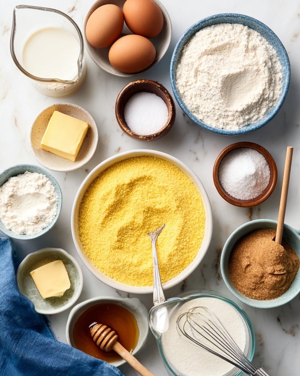 A flat lay showing a white marble surface with several small bowls and a measuring cup arranged neatly. In the center, a white bowl is filled with bright yellow cornmeal with a spoon resting inside. Clockwise around it are two brown eggs in a brown bowl, a small bowl with salt, a small bowl with a yellow square of butter, a small empty bowl with light powder, a large white bowl with white flour and a whisk, a glass measuring cup with milk, a small white bowl with honey and a wooden dipper, a small bowl with brown sugar, and a small bowl with white powder. A blue cloth is partially visible near the bowl with flour. Photo taken with an iphone --ar 4:5 --v 7