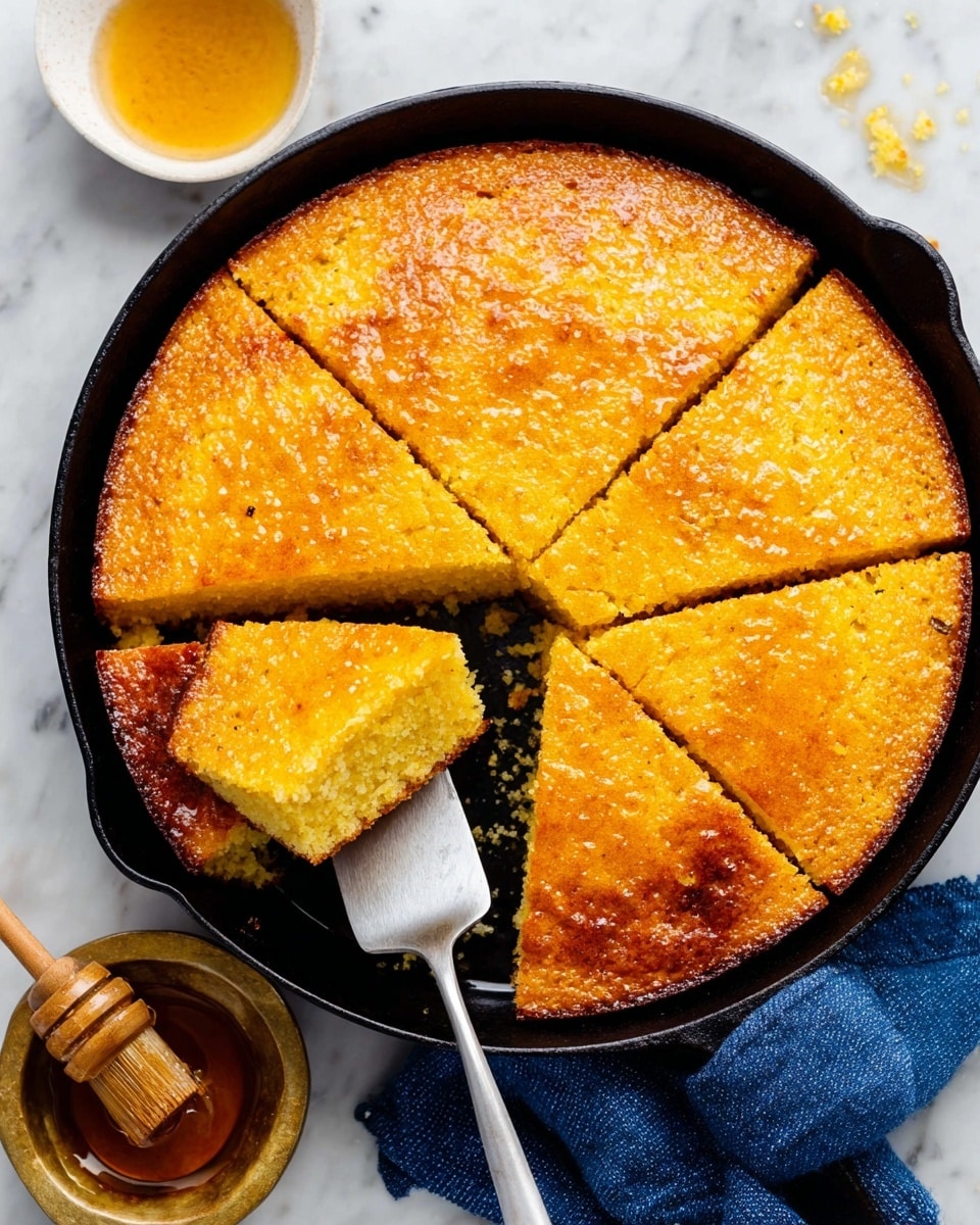A round skillet filled with golden brown cornbread cut into 9 squares, one square lifted by a silver spatula showing the soft yellow inside and a slightly crispy top layer with a shiny glaze. The skillet is black and sits on a white marbled surface. Nearby, there is a small white bowl with honey and a wooden brush in a round bronze dish filled with melted butter. Part of a blue cloth is visible underneath the skillet handle. Photo taken with an iphone --ar 4:5 --v 7